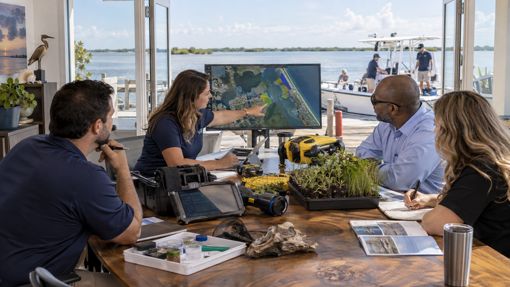 Four researchers gathered around a live-edge table with an ROV, saplings, and a tablet, reviewing an aerial coastal map beside a harbor