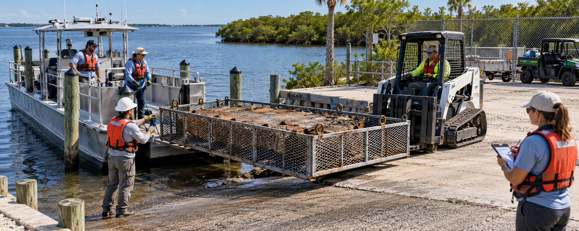 Daylight shore-side boat ramp and work area. An aluminum-hulled work boat is docked at the edge of a concrete ramp, and a white-and-black skid-steer loader is unloading the same conceptual recovered target — a large, heavily rusted, barnacle-encrusted rectangular metal object secured inside a heavy-duty wire-mesh cage — lifting it from the boat's deck with its forks. Four crew members in orange life vests coordinate the transfer: one in the boat's pilot house, one on the stern deck guiding the load, a shore-side coordinator in a white hard hat assisting at the water's edge, and a documentation staffer in the foreground with a clipboard recording the recovered material. Calm lagoon water, mangrove shoreline, chain-link fence, and a parked utility vehicle frame the practical work area. Not a giant industrial waste facility — a practical shore-side work area. The bridge between field recovery and responsible material handling.