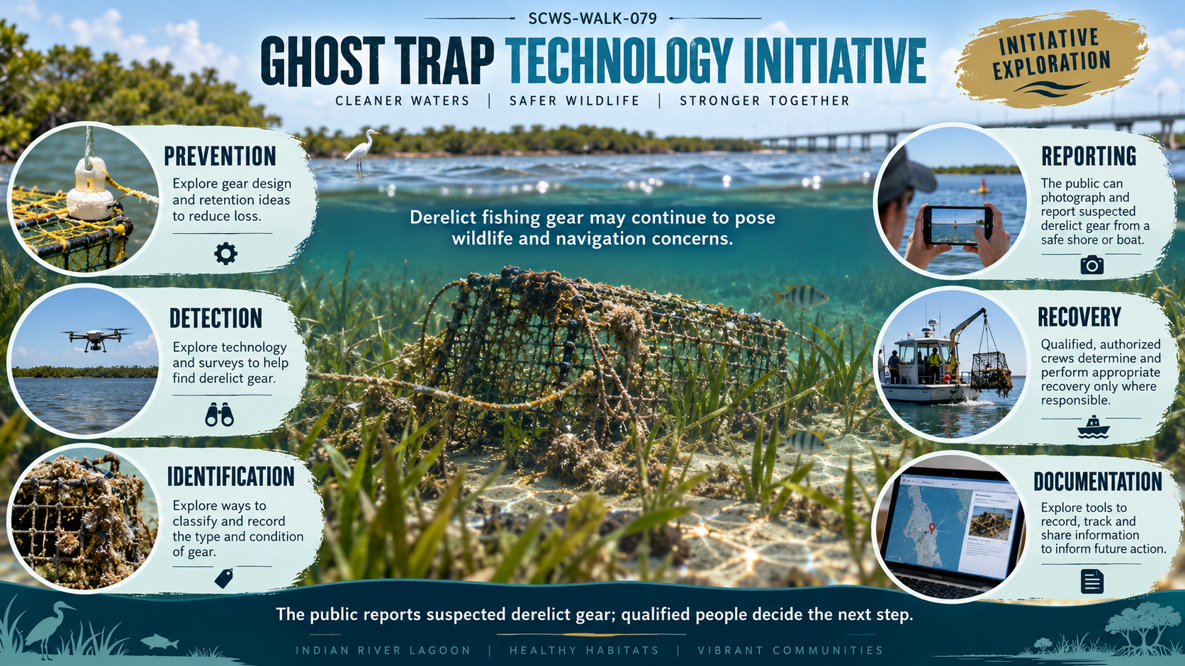 Ghost Trap Technology Initiative infographic for Chapter 14. The SCWS-WALK-079 identifier sits at top center above the bold dark-blue title GHOST TRAP TECHNOLOGY INITIATIVE and the subtitle CLEANER WATERS | SAFER WILDLIFE | STRONGER TOGETHER, with a gold INITIATIVE EXPLORATION stamp at top right. A split-view background shows a coastal scene with water and a distant bridge above and an underwater lost wire fishing trap in seagrass below, with the central line Derelict fishing gear may continue to pose wildlife and navigation concerns. Six brush-stroke light-blue circular sections arranged in two columns of three: left column PREVENTION (buoy/rope photo, Explore gear design and retention ideas to reduce loss, gear icon), DETECTION (drone over water, Explore technology and surveys to help find derelict gear, binoculars icon), IDENTIFICATION (derelict trap, Explore ways to classify and record the type and condition of gear, price-tag icon); right column REPORTING (person photographing with a smartphone, The public can photograph and report suspected derelict gear from a safe shore or boat, camera icon), RECOVERY (boat pulling up a trap, Qualified authorized crews determine and perform appropriate recovery only where responsible, boat icon), DOCUMENTATION (laptop map with a red pin, Explore tools to record track and share information to inform future action, document icon). A dark-blue footer reads The public reports suspected derelict gear; qualified people decide the next step, with INDIAN RIVER LAGOON | HEALTHY HABITATS | VIBRANT COMMUNITIES below flanked by heron and mangrove silhouettes.