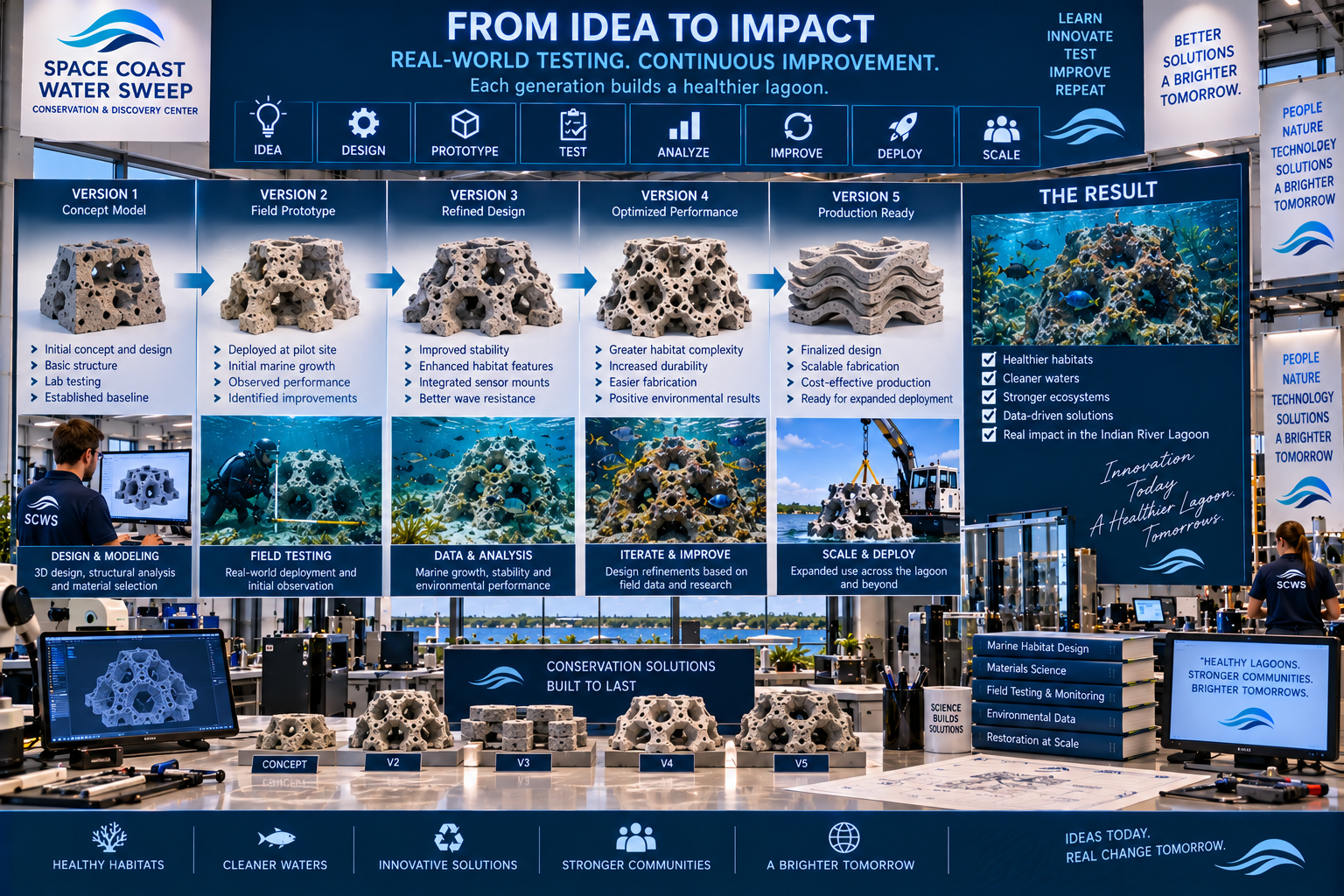 From Idea to Impact exhibition hall poster titled 'Real-World Testing. Continuous Improvement.' showing an eight-icon process bar, five evolving prototype versions on pedestals, and a right-side 'The Result' panel with an underwater habitat photo.