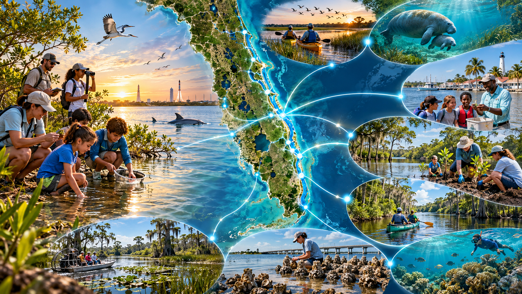 Connected conservation network collage centered on a satellite-view map of the Indian River Lagoon coastline, with glowing cyan nodes along the shore linked by thin white lines to circular inset photos of community and restoration activities — a group wading and netting in a mangrove shoreline at sunset with a rocket launch silhouette and dolphin, kayakers in a golden-hour marsh, a manatee and calf underwater, children with an instructor on a dock near a lighthouse, volunteers planting mangrove saplings, canoeists in a cypress canal, a snorkeler over a coral reef, a person placing oyster shell bags for reef restoration, and an airboat in a marsh. Illustrates how many different people, places, and actions connect into one shared conservation effort across the Lagoon.