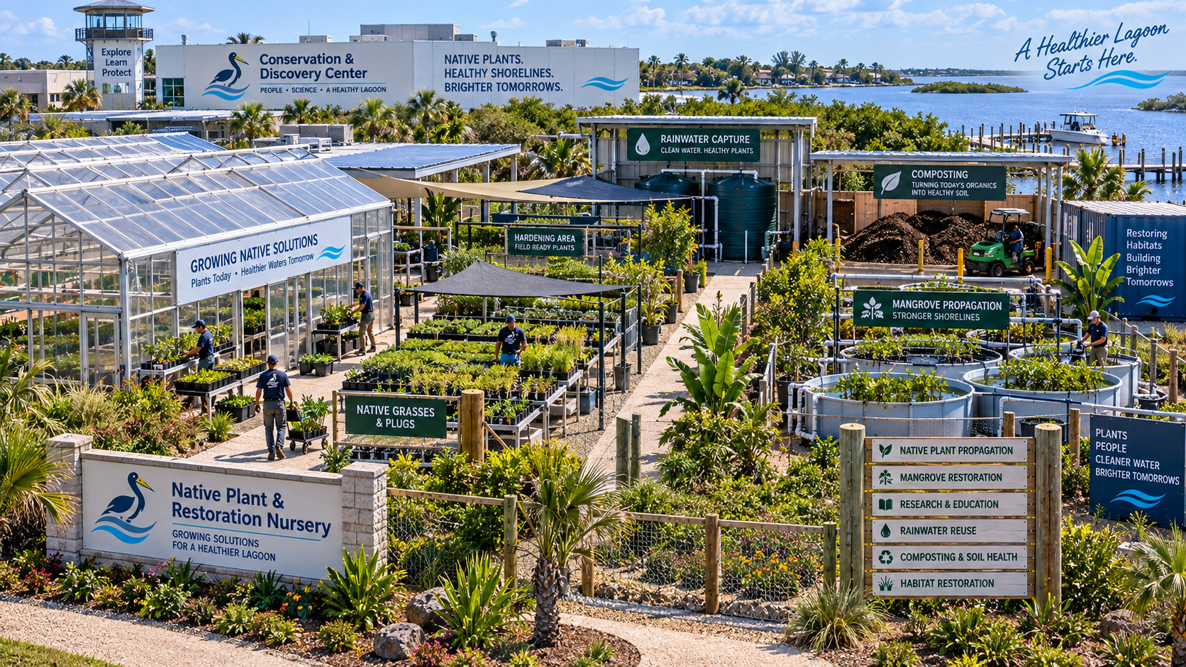 Wide exterior view of the Native Plant & Restoration Nursery on the Conservation & Discovery Center campus — a greenhouse and outdoor hardening area with staff in blue shirts moving plant trays on wheeled carts. Labeled zones include Growing Native Solutions greenhouse, Native Grasses & Plugs, Hardening Area (Field Ready Plants), Rainwater Capture, Composting, and Mangrove Propagation (Stronger Shorelines). A vertical post sign lists the nursery's focus areas: Native Plant Propagation, Mangrove Restoration, Research & Education, Rainwater Reuse, Composting & Soil Health, and Habitat Restoration. Wall branding reads 'Native Plants. Healthy Shorelines. Brighter Tomorrows.'