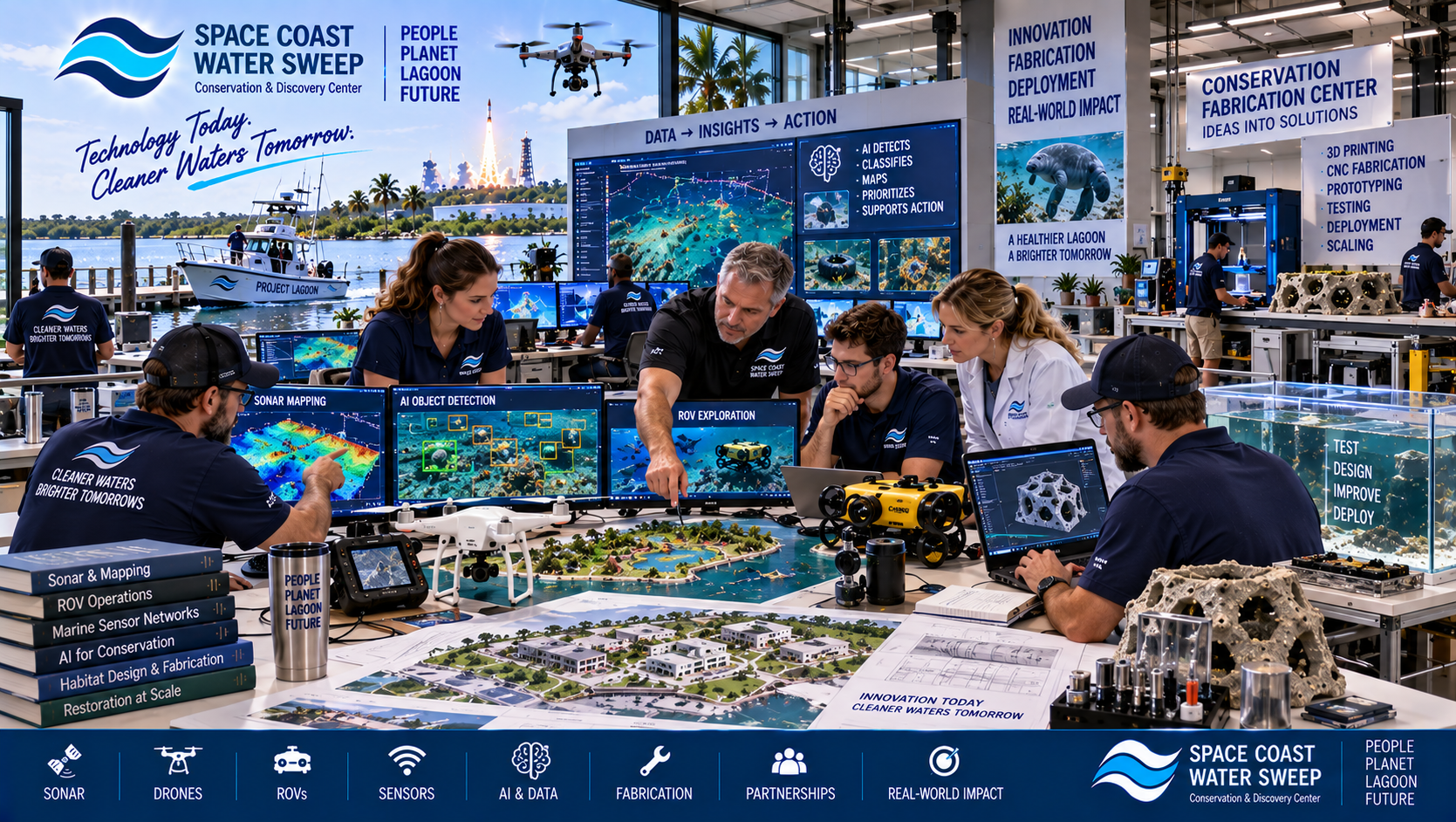 Conceptual collaboration between technology specialists and Space Coast Water Sweep staff integrating sonar, drones, ROVs, sensors, AI/data systems and fabrication technology into the future conservation campus.