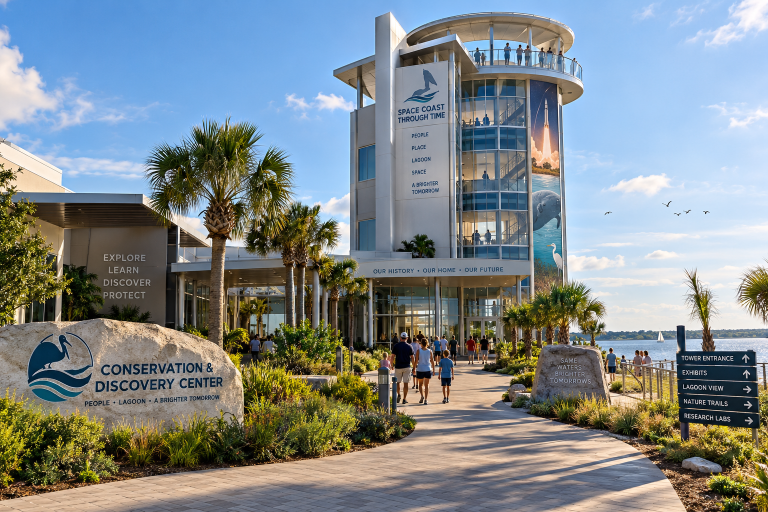 Exterior approach to the Conservation & Discovery Center campus on a bright day, showing the cylindrical Space Coast Through Time glass tower with vertical 'People • Place • Lagoon • Space' signage and a rocket-launch-to-wildlife mural, the low-profile exhibits building with 'Explore • Learn • Discover • Protect' etched facade, landscaped walkway with visitors heading toward the 'Our History • Our Home • Our Future' entrance canopy, rock signage with the pelican logo and 'Same Waters Brighter Tomorrows' tagline, directional wayfinding, and the lagoon beyond.