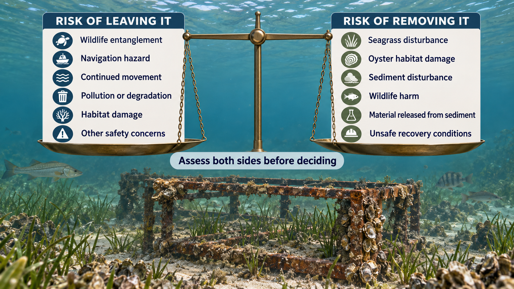 Balanced risk-assessment infographic for Chapter 08, Assess Before Removing. The same conceptual submerged target — an old rusted metal rectangular frame covered in oysters and algae — rests on the sea floor surrounded by seagrass, with a fish visible on each side. Centered in the foreground is a brass-colored balance scale hanging from a vertical post, with two rectangular white panels suspended from its pans. The left panel, RISK OF LEAVING IT, lists: wildlife entanglement, navigation hazard, continued movement, pollution or degradation, habitat damage, and other safety or environmental concerns. The right panel, RISK OF REMOVING IT, lists: seagrass disturbance, oyster habitat damage, sediment disturbance, wildlife harm, material released from sediment, and unsafe recovery conditions. A centered pill-shaped footer reads Assess both sides before deciding. The scale is presented as a balanced concept — not a verdict.