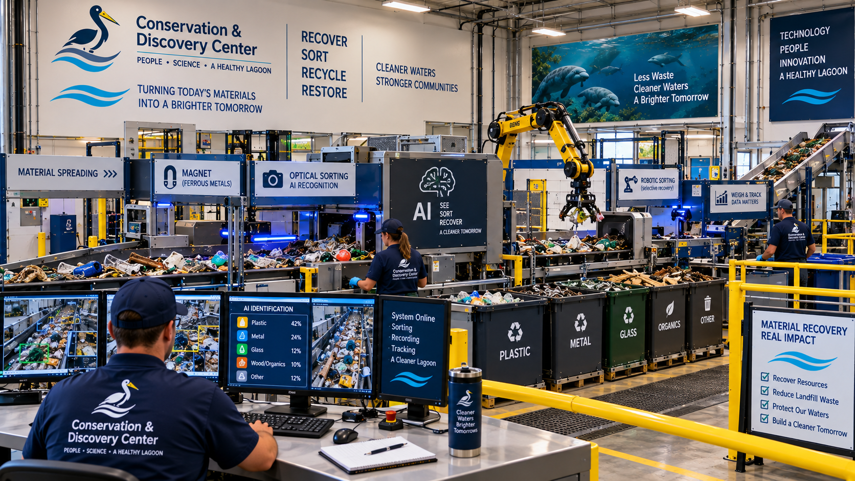 Automated technology-assisted sorting system at the Resource Recovery Center — a technician in a Conservation & Discovery Center polo monitors three screens showing an AI Identification dashboard (Plastic 42%, Metal 24%, Glass 12%, Wood/Organics 10%, Other 12%) and system status (Sorting, Recording, Tracking). A yellow robotic arm picks items from a conveyor belt past labeled stations for Material Spreading, Magnet (Ferrous Metals), Optical Sorting AI Recognition, Robotic Sorting, and Weigh & Track. Four collection bins are labeled Plastic, Metal, Glass, Organics and Other. Wall branding reads 'Turning Today's Materials Into a Brighter Tomorrow — Recover, Sort, Recycle, Restore' and a manatee mural reads 'Less Waste, Cleaner Waters, A Brighter Tomorrow.'