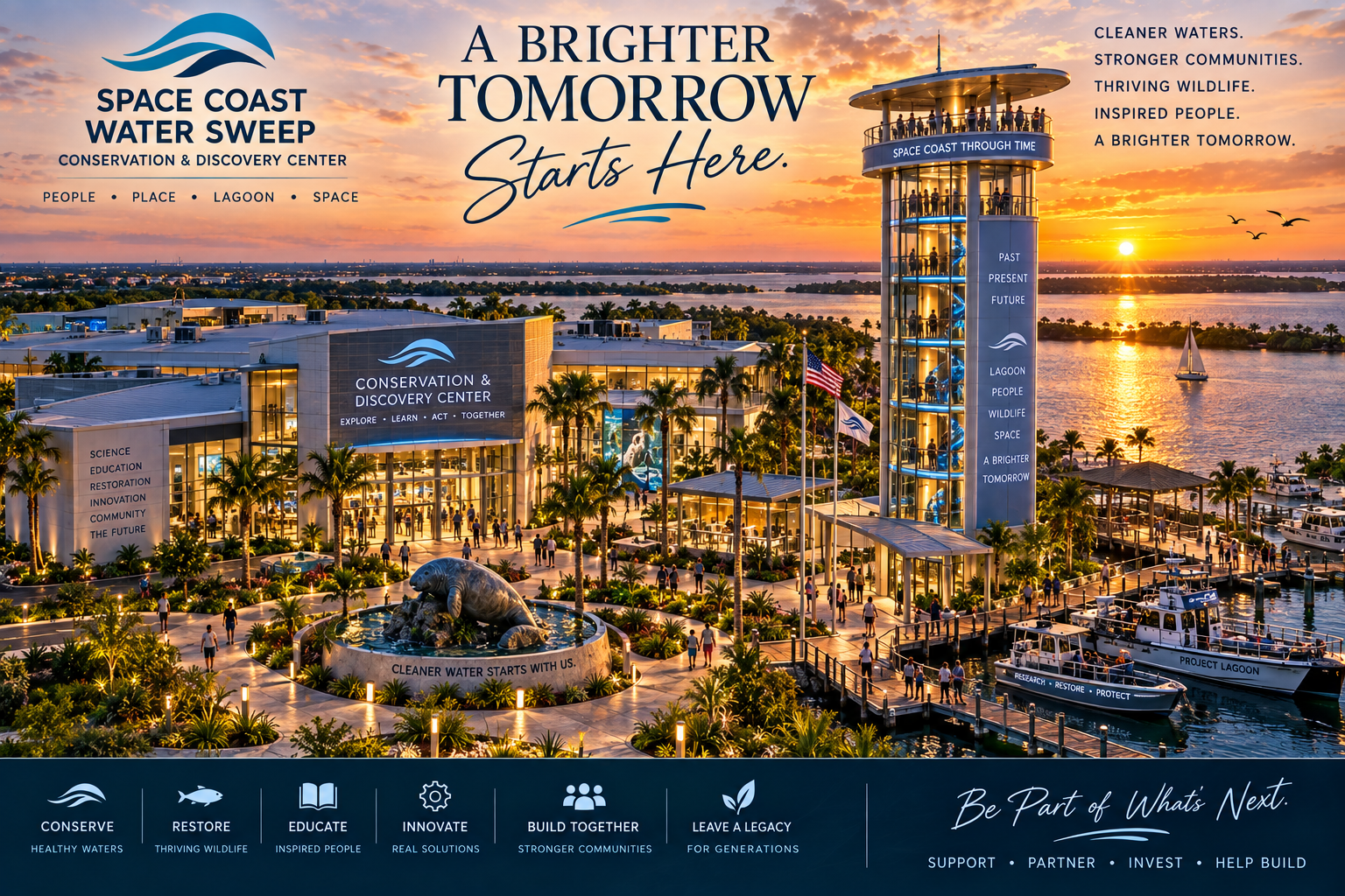 Sunset composite render of the Conservation & Discovery Center campus with 'A Brighter Tomorrow Starts Here.' headline, the main building facade reading 'Explore • Learn • Act • Together,' a Science/Education/Restoration/Innovation/Community/The Future pillar, the Space Coast Through Time observation tower, a 'Cleaner Water Starts With Us' manatee fountain, Project Lagoon research vessels at the waterfront, right-side callouts (Cleaner Waters, Stronger Communities, Thriving Wildlife, Inspired People, A Brighter Tomorrow), and a footer of six mission pathways — Conserve/Healthy Waters, Restore/Thriving Wildlife, Educate/Inspired People, Innovate/Real Solutions, Build Together/Stronger Communities, and Leave a Legacy/For Generations.