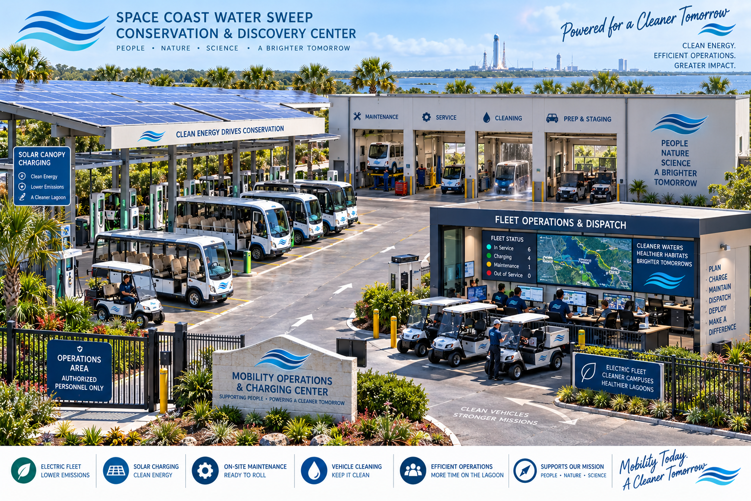 Conceptual Mobility Operations & Charging Center — a restricted support facility with solar-canopy charging bays for the electric campus fleet, maintenance and cleaning bays, fleet operations dispatch with status displays and campus route map, and authorized-personnel-only signage.
