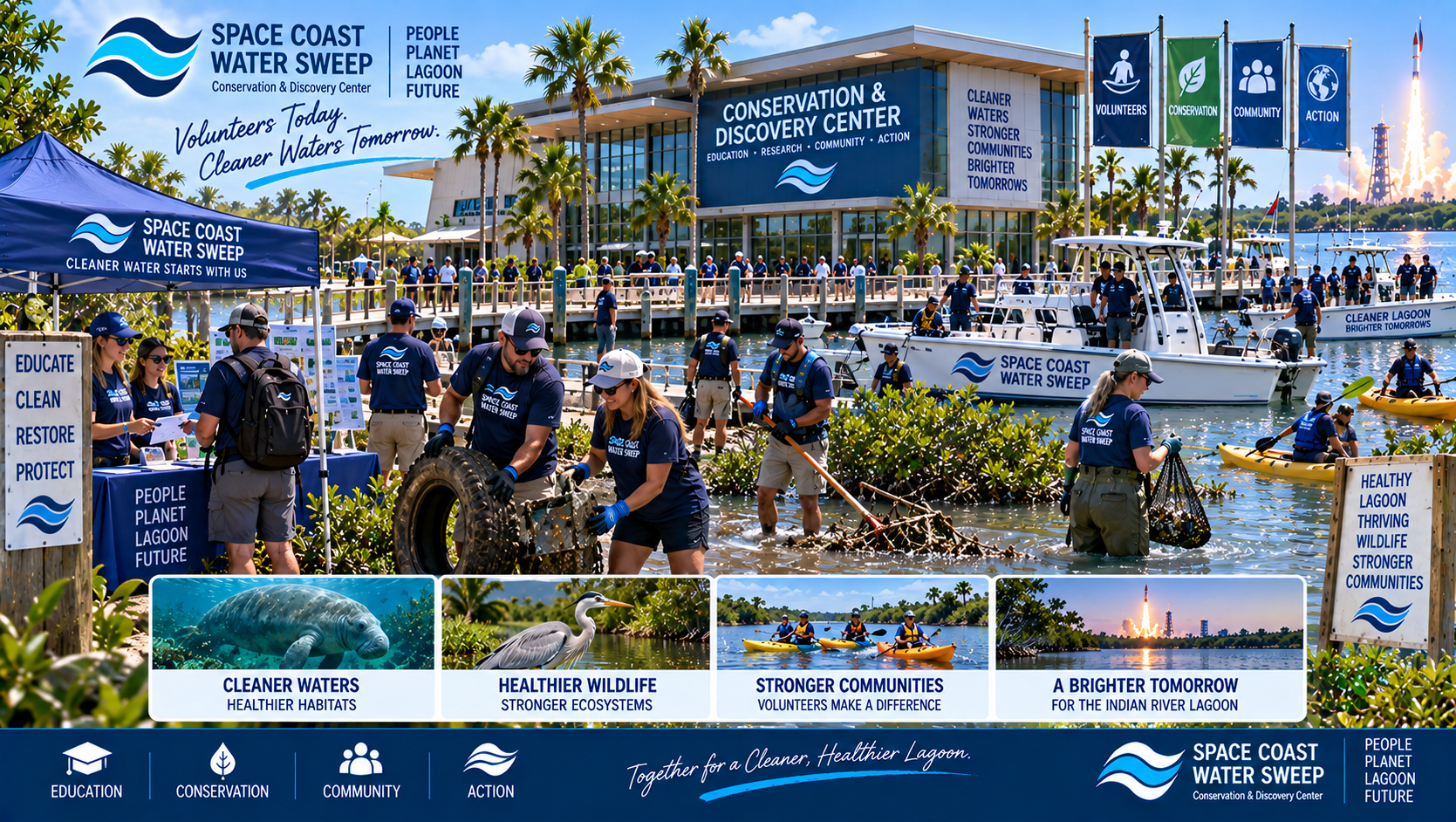Conceptual Space Coast Water Sweep community volunteer event connected to the Conservation & Discovery Center, with trained participants supporting appropriate Lagoon conservation activities.