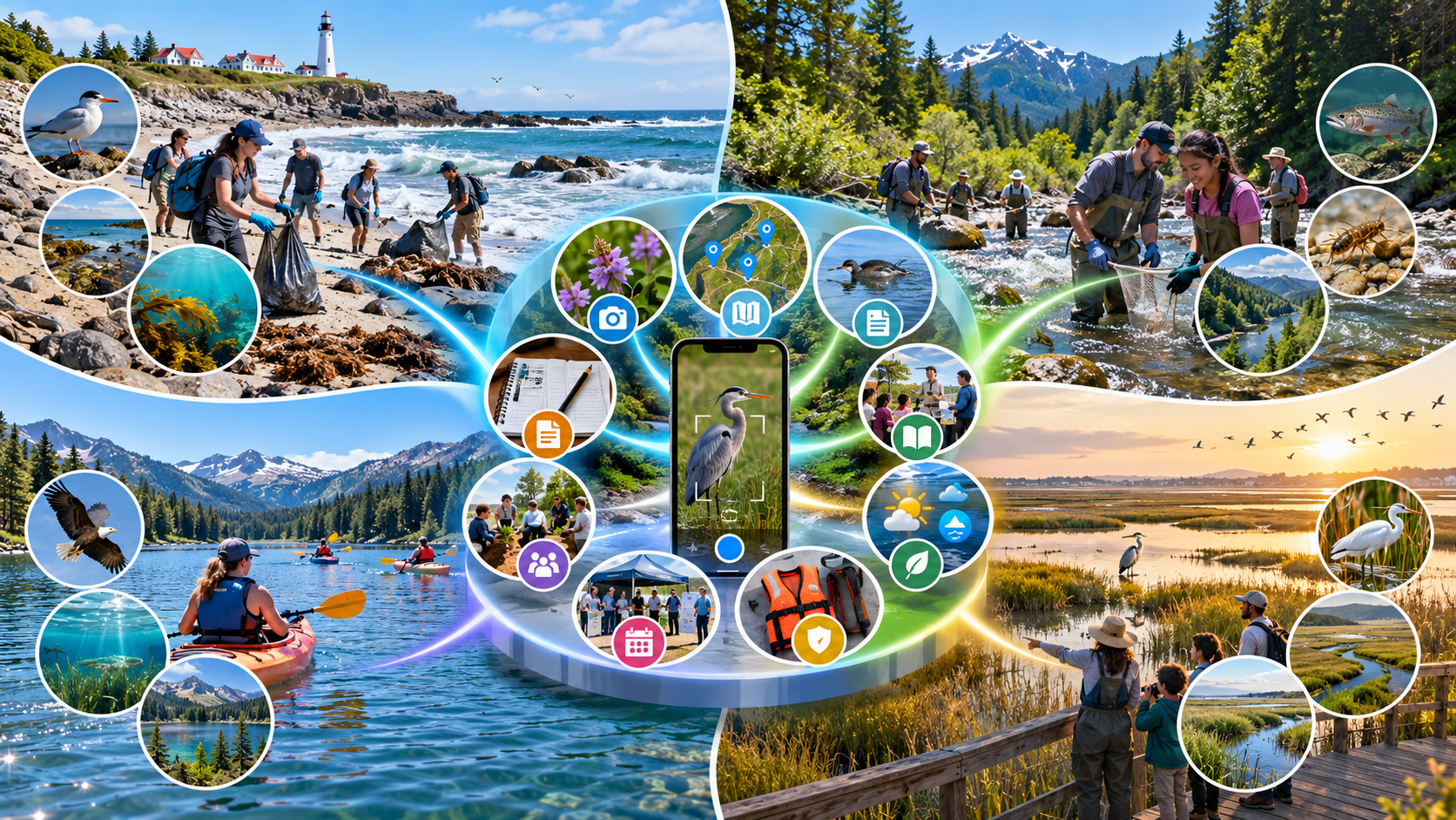 Ways to help collage centered on a smartphone displaying a live camera view of a Great Blue Heron, surrounded by twelve circular icon-badges — camera, map, document, book, weather, leaf, life vest, calendar, people, notebook, a meadow flower, and a group at an outdoor table — and connected by glowing colored lines to four quadrant scenes: a coastal cleanup with volunteers collecting debris near a lighthouse, a stream study with two people in waders using a fine-mesh net, kayakers on a clear mountain lake, and a sunset boardwalk where a guide points out wildlife to children. Illustrates the many different ways people can participate in conservation through a single shared platform.