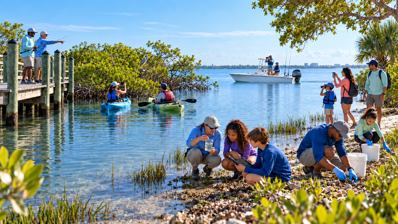 A sprawling SCWS citizen-science day on the Lagoon — a family doing shoreline science with a water beaker, tablet, and sample buckets, two kayakers paddling near a wooden dock, a white center-console motorboat crossing open water, residents fishing and walking the pier, and a Great Blue Heron gliding low over the shallows