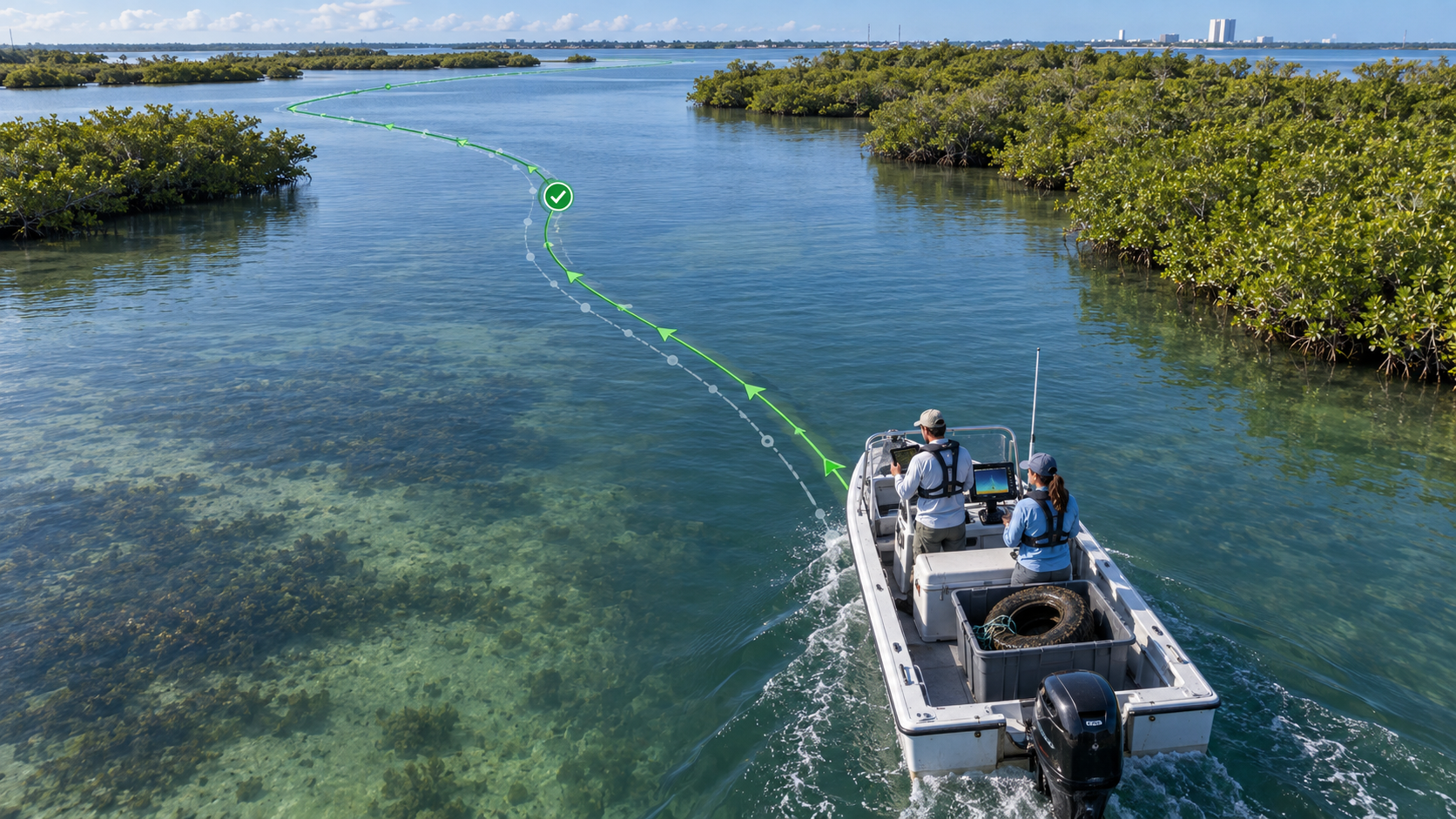 Project Lagoon boat returning along the same GPS survey route after debris recovery, with a recovered tire in the bin and a completed-status path overlay