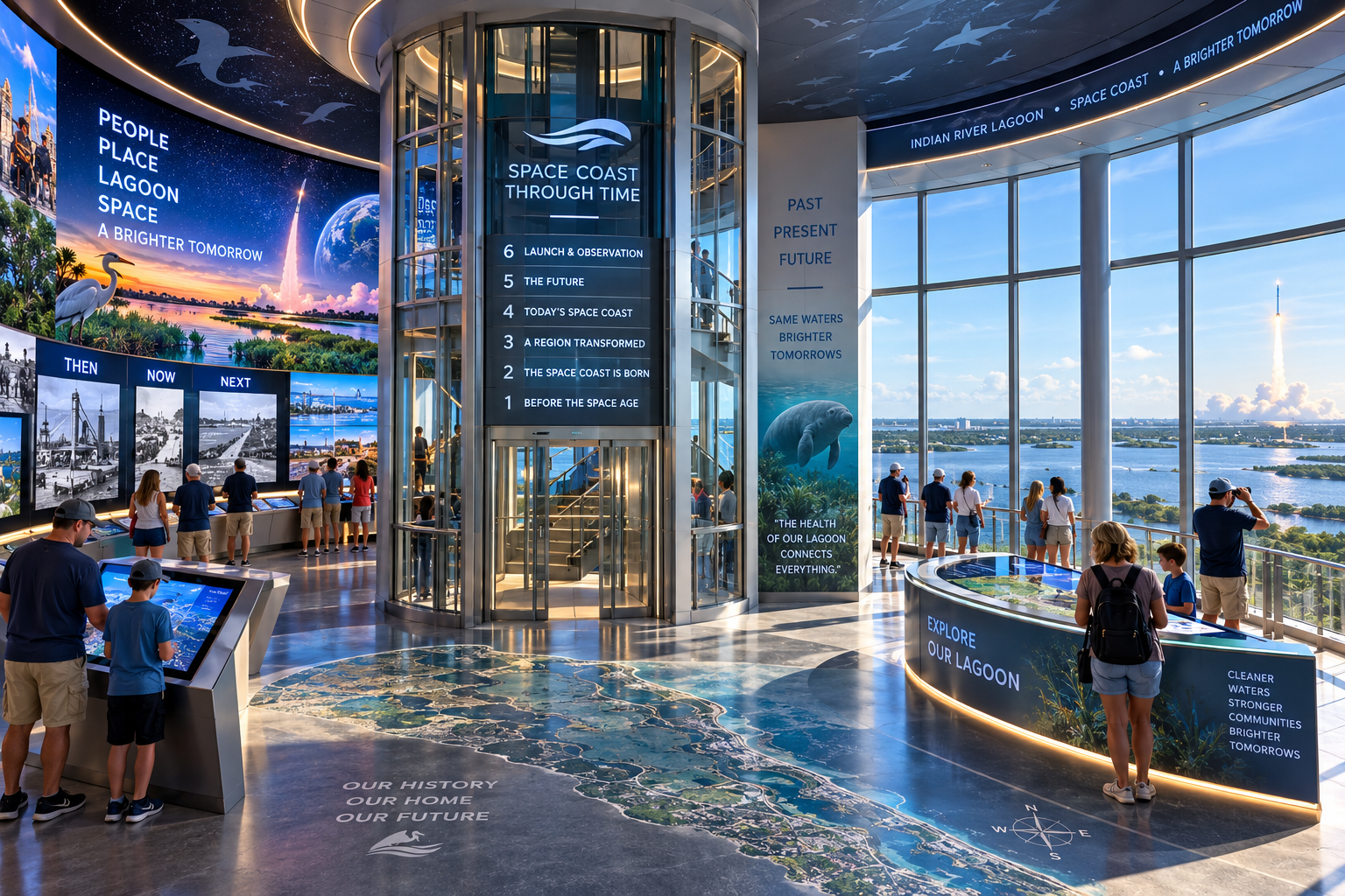 Interior of a typical tower level showing the glass-enclosed central elevator core with the Space Coast Through Time directory (Levels 1–6), floor-to-ceiling lagoon-facing windows, digital exhibit walls with rocket-launch imagery and 'People • Place • Lagoon • Space' messaging, Then/Now/Next landscape panels, a manatee pillar display, interactive kiosks, an 'Explore Our Lagoon' console, and a polished concrete floor with a large Indian River Lagoon topography decal.