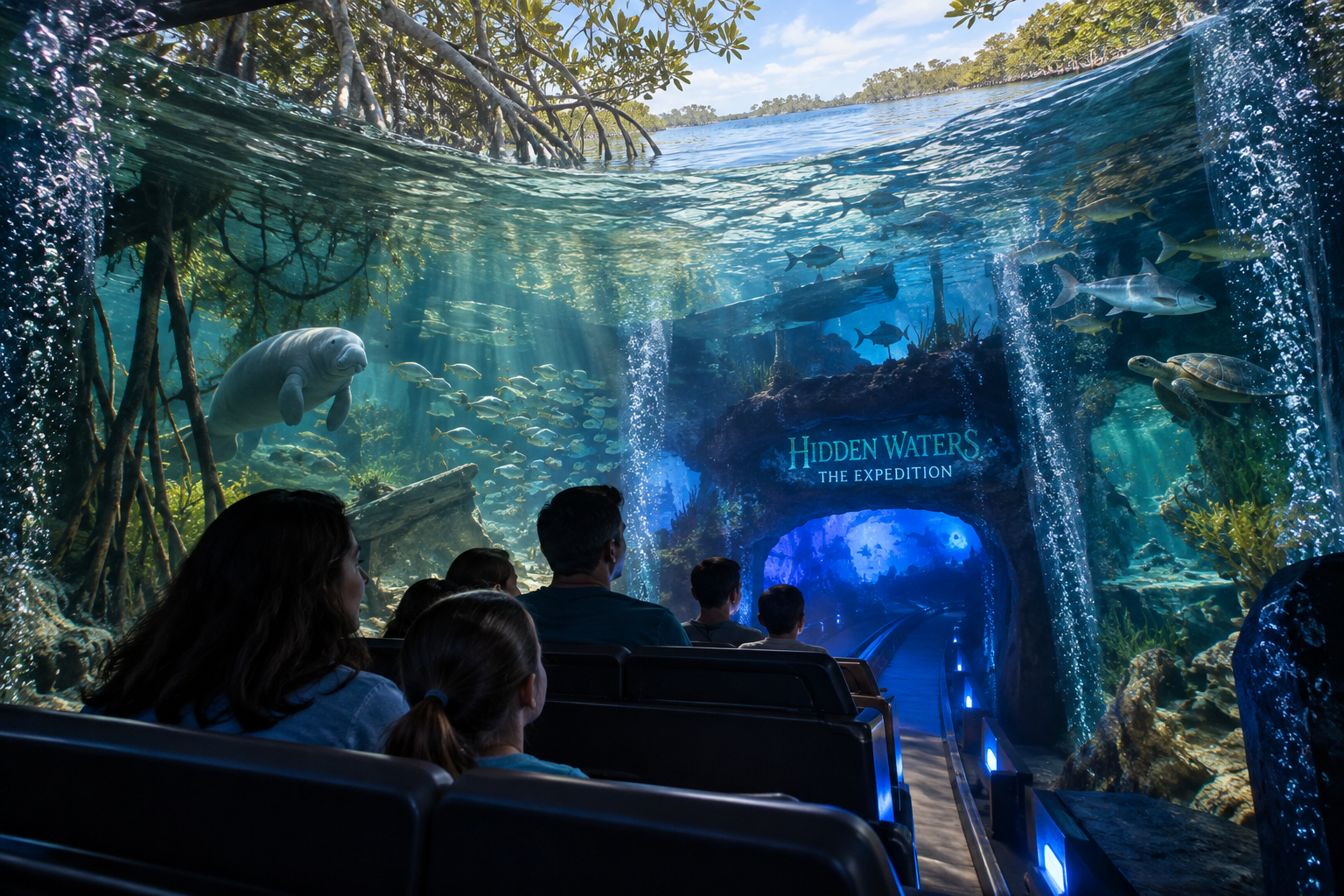 Ride vehicle appearing to descend beneath the Indian River Lagoon through an immersive combination of underwater environments, physical scenery, lighting, bubbles and media effects.