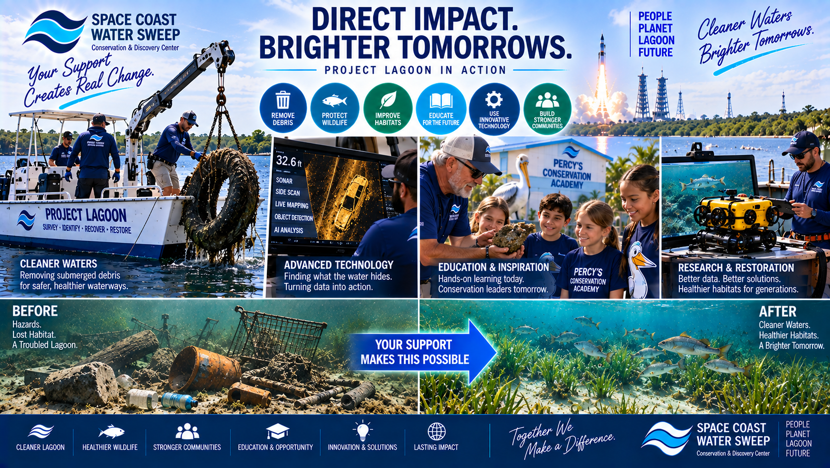 Conceptual mission-support image showing Project Lagoon fieldwork, environmental education and conservation technology representing the direct impact of donor support.