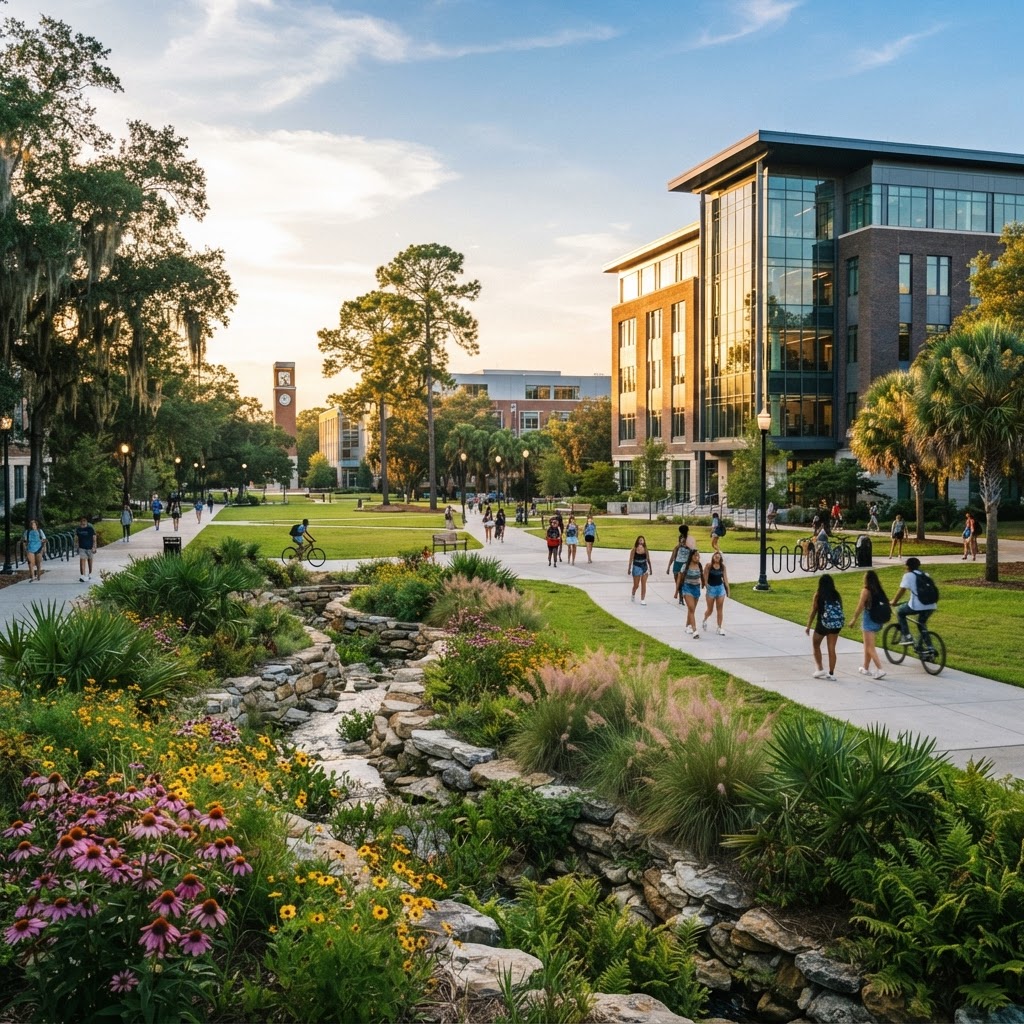 University campus with native landscaping, bioswale, and outdoor learning spaces