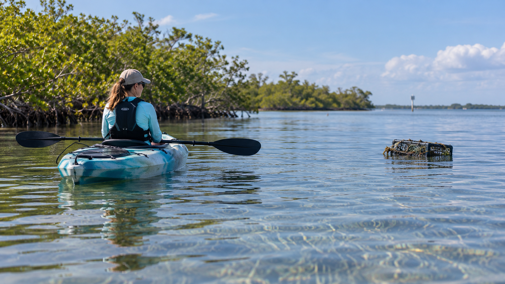 A kayaker in a teal-and-white sit-on-top kayak observing an abandoned, algae-covered crab trap floating in the shallow clear water of the Indian River Lagoon. They hold their paddle across the boat and keep a respectful distance without touching or retrieving the trap, with a mangrove shoreline behind them.