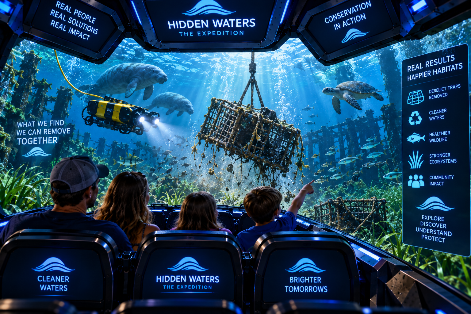 Hopeful attraction finale with sunlight returning through a healthy aquatic environment as the expedition ascends, visually transitioning the fictional adventure toward the Center's real conservation mission.