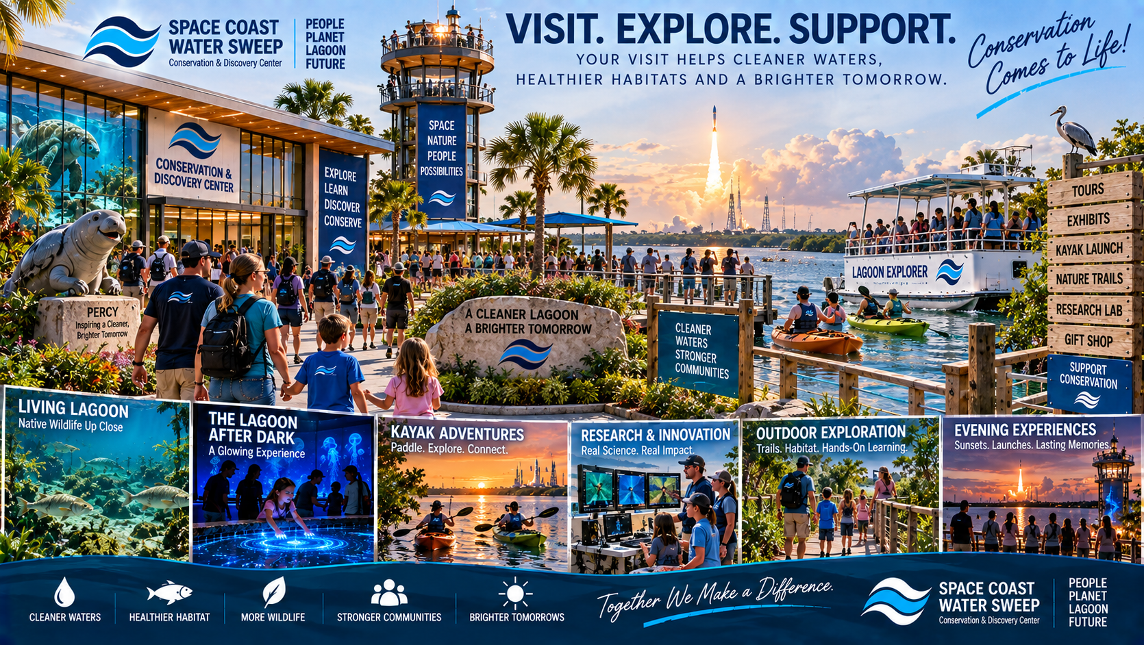 Conceptual destination image showing visitors enjoying multiple Conservation & Discovery Center experiences while reinforcing that visitation helps support the nonprofit conservation mission.