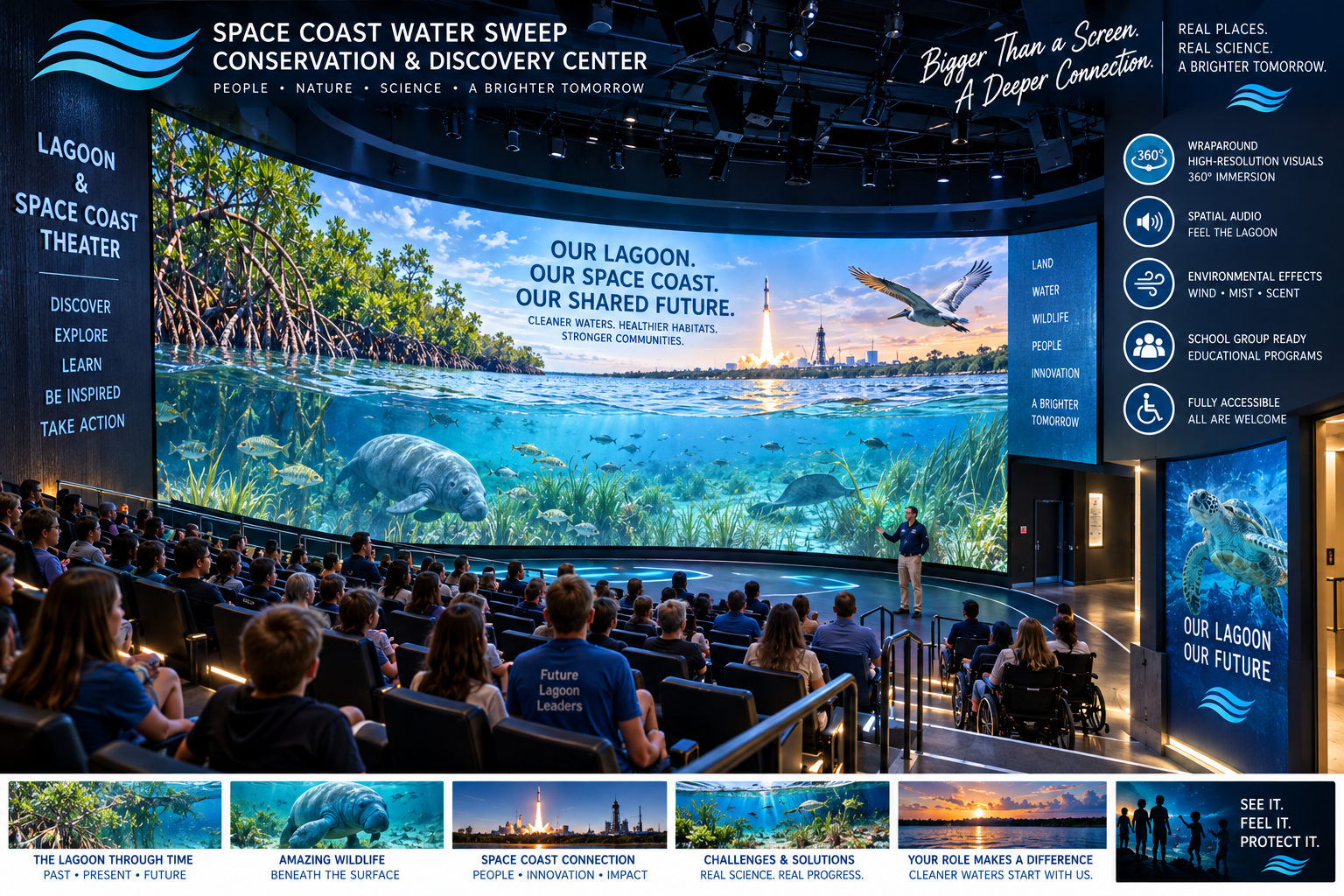 Conceptual immersive Lagoon & Space Coast Theater — a major purpose-built immersive room with a large curved wraparound screen showing a manatee, rocket launch, and bird in flight, spatial audio, environmental effects (wind, mist, scent), accessible seating, school-group capability, and a sea turtle feature panel, themed DISCOVER • EXPLORE • LEARN • BE INSPIRED • TAKE ACTION.