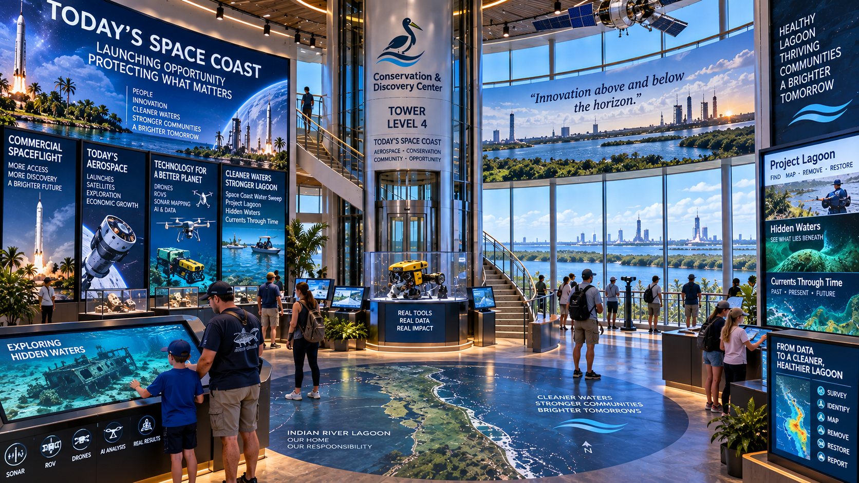 Tower Level 4 — Today's Space Coast interior exhibit hall at the Conservation & Discovery Center, with a central glass elevator core, an ROV display pedestal, floor-to-ceiling lagoon-facing windows, and digital panels covering commercial spaceflight, aerospace technology, and conservation programs including Project Lagoon, Hidden Waters, and Currents Through Time.