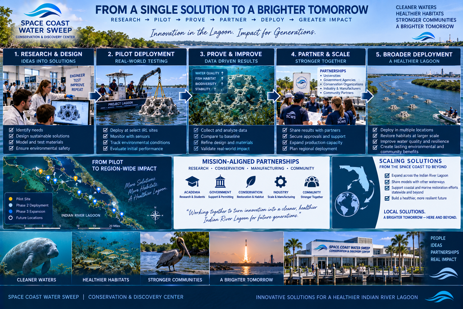 From a Single Solution to a Brighter Tomorrow infographic with the path Research → Pilot → Prove → Partner → Deploy → Greater Impact, a five-stage process panel, a middle section with an Indian River Lagoon map, and a bottom row of outcome images.