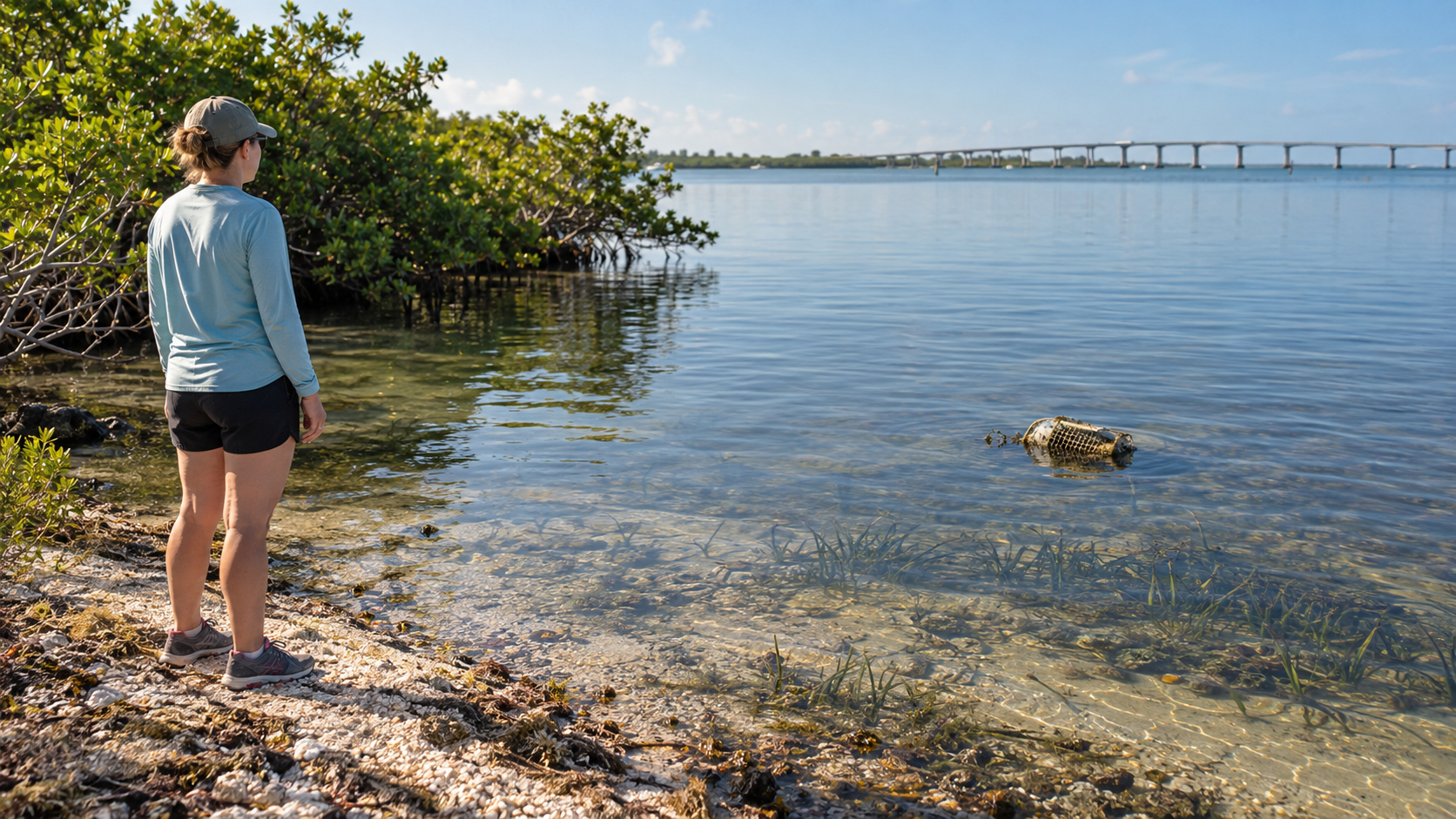 A person standing on a rocky, shell-strewn shoreline beside mangroves, calmly observing a submerged, algae-covered crab trap in the shallow clear water of the Indian River Lagoon. They remain safely on shore and are not retrieving or touching it — illustrating the See It, Report It, Don't Disturb It rule.