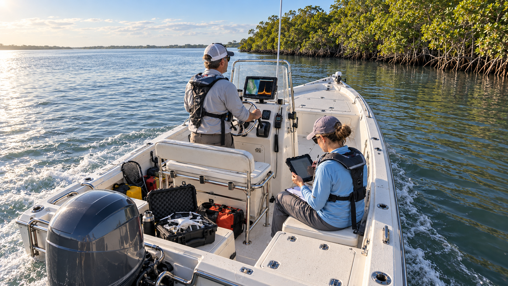 Two SCWS researchers conducting fieldwork on a white center-console motorboat traveling across calm sunlit Indian River Lagoon water near a dense mangrove shoreline. The driver wears a white baseball cap, sunglasses, a light-colored long-sleeve shirt, and a dark life vest, steering with his right hand on the helm. A female researcher in a purple cap, light-blue long-sleeve shirt, and dark life vest sits on the starboard bench holding a ruggedized tablet in her left hand and working it with a stylus in her right, a clipboard on her lap. The center console has a marine GPS/sonar navigation display and a mounted handheld VHF radio. A black hard-shell equipment case containing a white quadcopter drone sits on the deck, with an orange gear bag, a landing net, and other field gear stowed aboard. Bright natural sunlight, clear light-blue sky, green mangroves lining the water's edge.