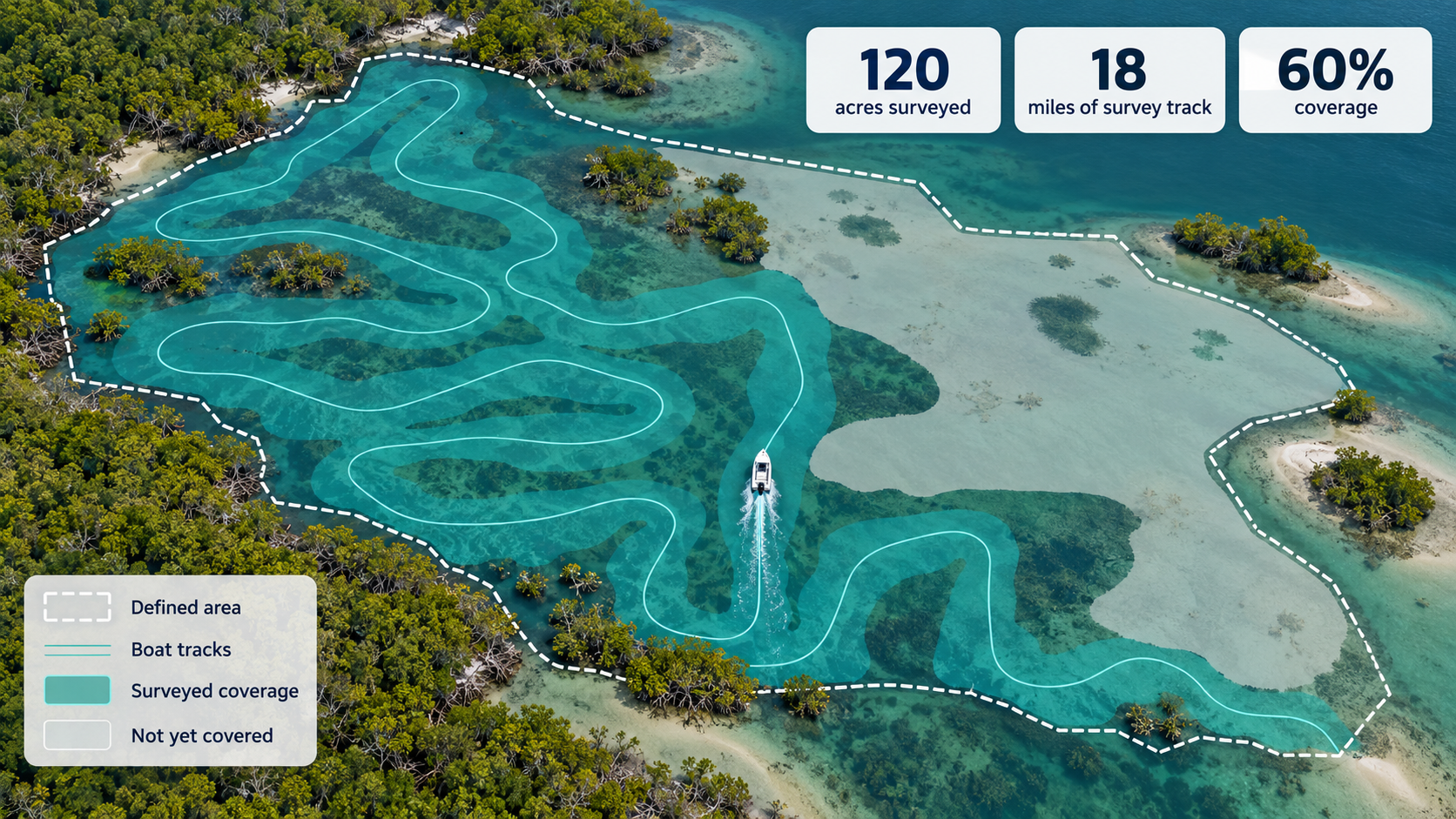 Aerial top-down data visualization of a defined Indian River Lagoon survey area surrounded by mangrove islands. A white dashed boundary marks the assigned/defined area. A thin solid cyan line traces the survey vessel's GPS boat tracks across the water. A semi-transparent teal-filled region follows the tracks indicating surveyed coverage, while light sandy-colored water areas within the boundary remain unfilled (not yet covered). A small white survey boat with a white wake is visible along the track. Three white HUD cards in the top-right show real-time metrics: 120 acres surveyed, 18 miles of survey track, and 60% coverage. A legend in the bottom-left distinguishes defined area (dashed line), boat tracks (solid cyan), surveyed coverage (teal fill), and not yet covered (empty outline).