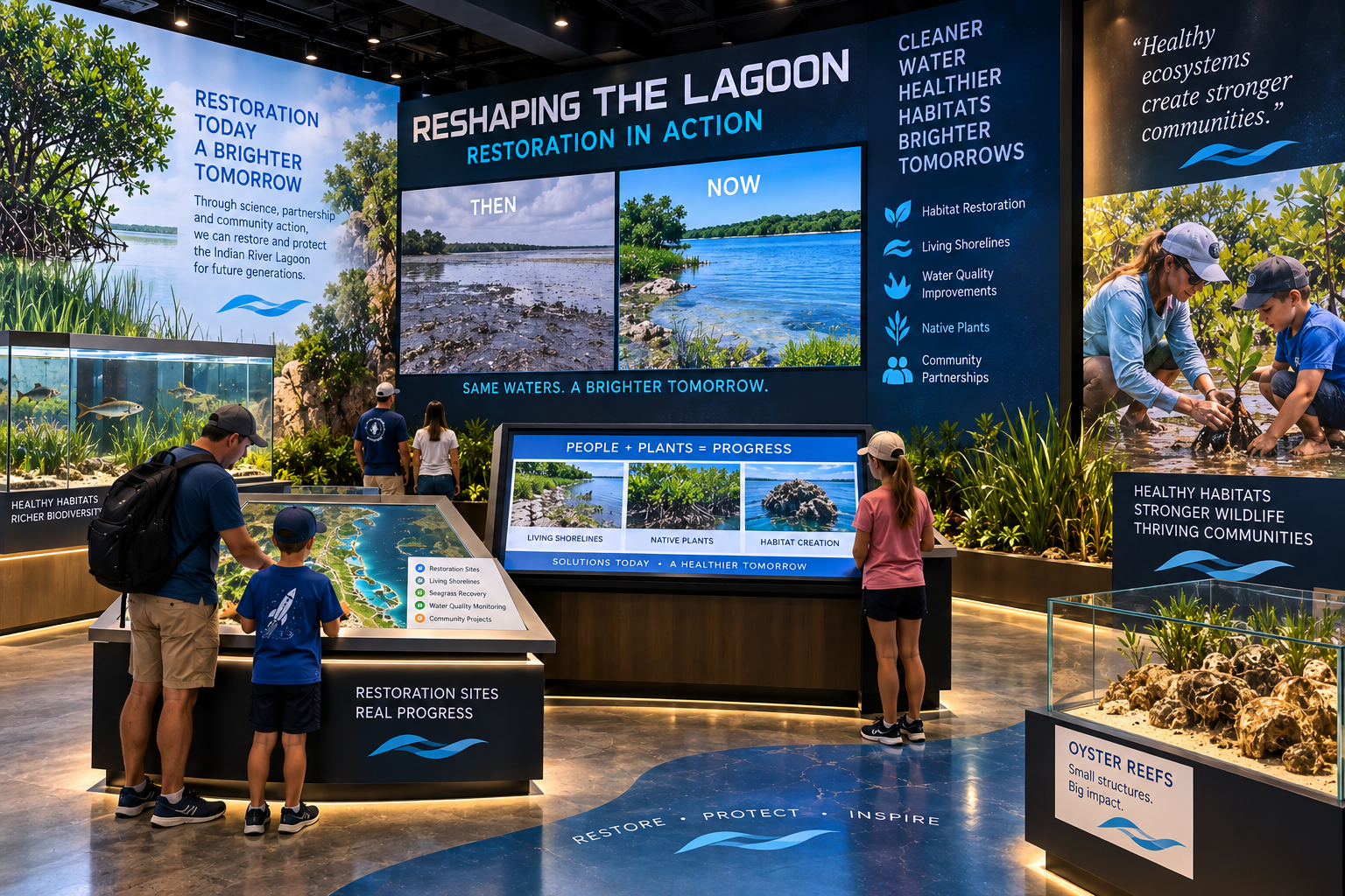 Interactive Port Canaveral exhibit showing commercial fishing, cargo, cruise, aerospace and maritime activity across time through a large digital port model or map, historical imagery and modern interactive displays.