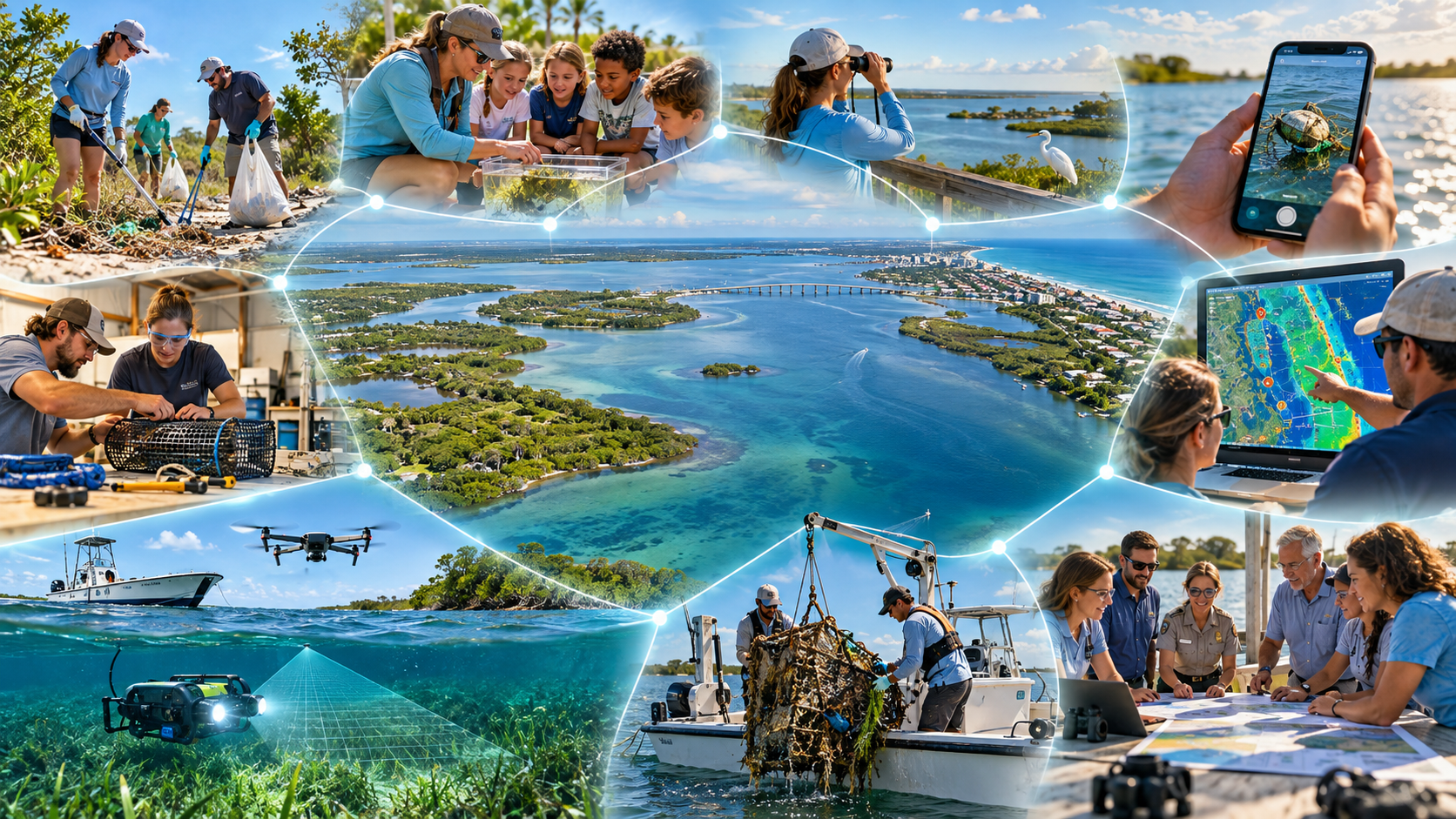 Illustrative conservation-system collage: an aerial lagoon hub at the center, ringed by connected vignettes — community cleanups, education with students, shoreline observation through binoculars, smartphone reporting, data and heat-map review on a laptop, partner collaboration around a field table, boat-based crane recovery, and a split-level drone-and-ROV technology scan — linked by a glowing network of nodes showing how community, education, observation, reporting, data, field work, technology, innovation, and partnerships connect into one conservation system.