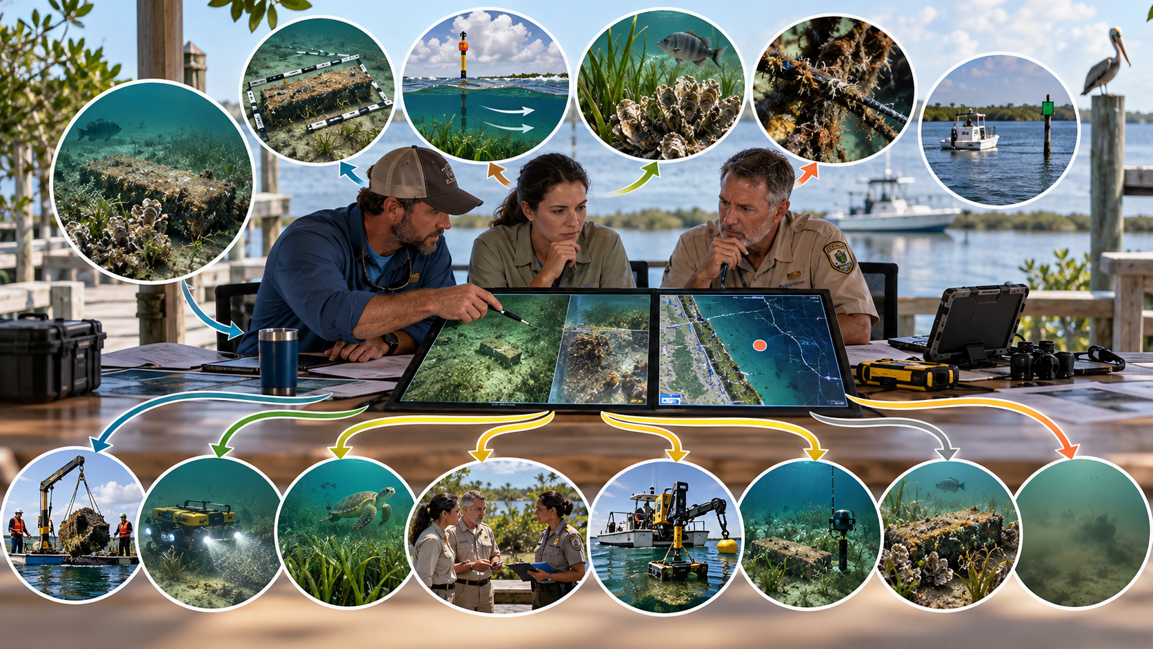 Project Lagoon collaborative analysis and fieldwork synthesis composite — three researchers at a wooden table overlooking a bay review dual monitors showing underwater reef views and a coastal satellite map, surrounded by thirteen circular callouts of fieldwork stages: measured artificial reef blocks, channel marker buoys, oyster reefs with fish, barnacle-encrusted material, boats near navigation markers, murky seabed views, sensor arrays in seagrass, crane-lowered equipment, dockside report review, a sea turtle over seagrass, an ROV with lights, and a barge crane lifting a mesh habitat structure. Color-coded flow lines connect each callout back to the central workspace, illustrating how field observations, habitat monitoring, recovery operations, and collaborative review feed into shared analysis.