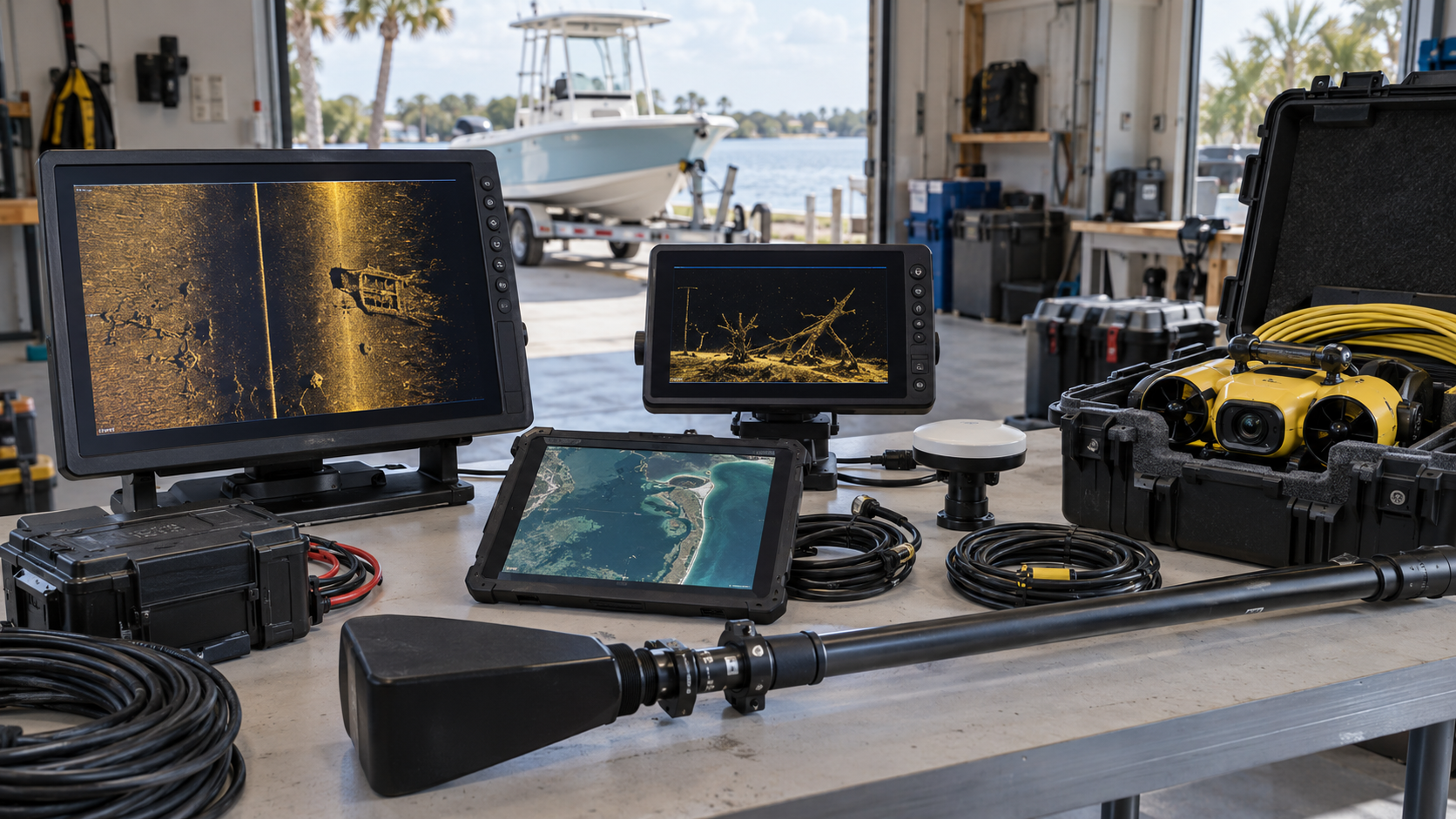 Project Lagoon equipment inventory laid out in the workshop — side-scan sonar display, ruggedized mapping tablet, GNSS dome antenna, yellow ROV in hard case, and transducer pole