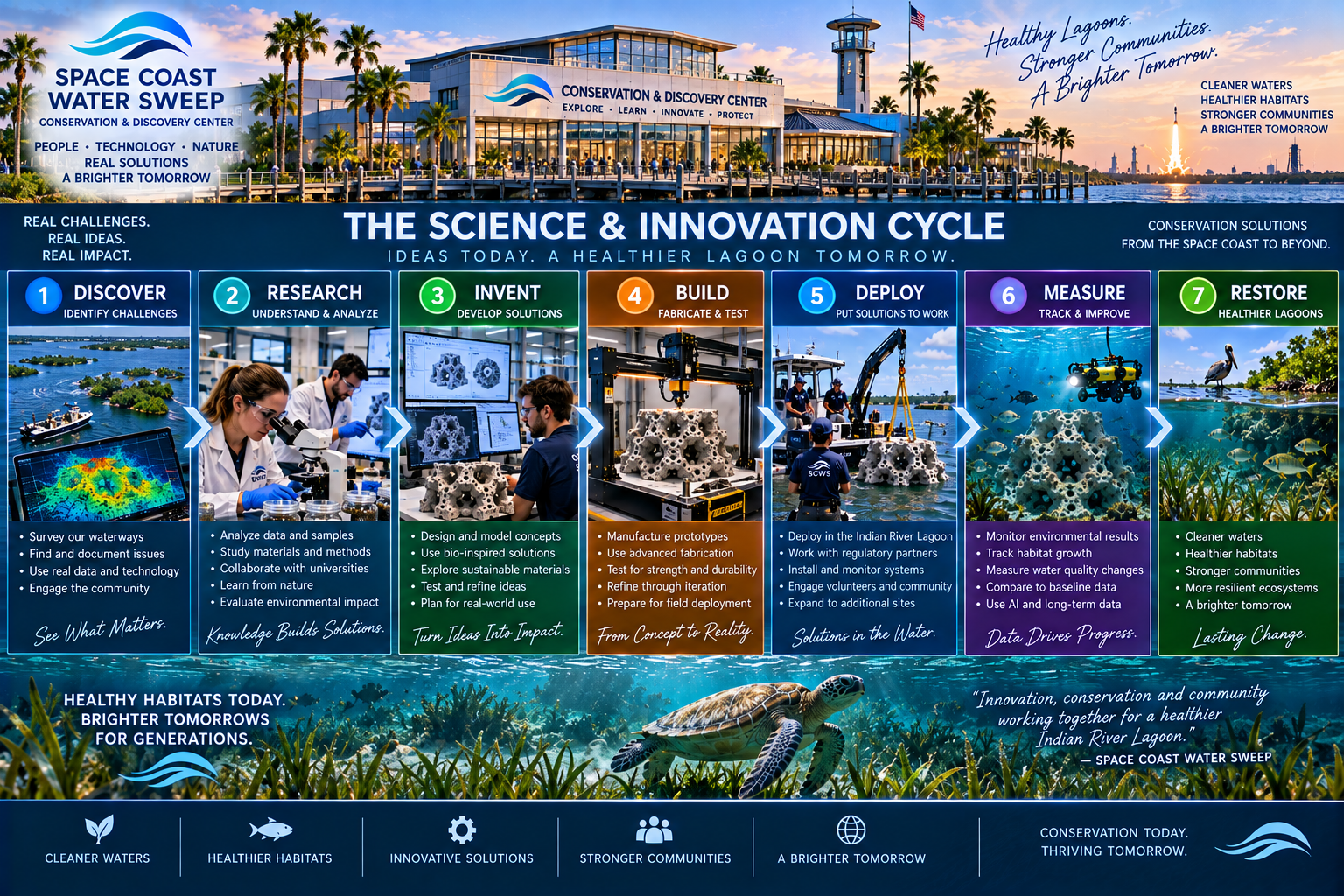 The Science & innovation Cycle infographic titled 'Ideas Today. A Healthier Lagoon Tomorrow.' with a seven-step process flow, each with a numbered circle, image and checklist, and a footer with an underwater seagrass and sea turtle scene.