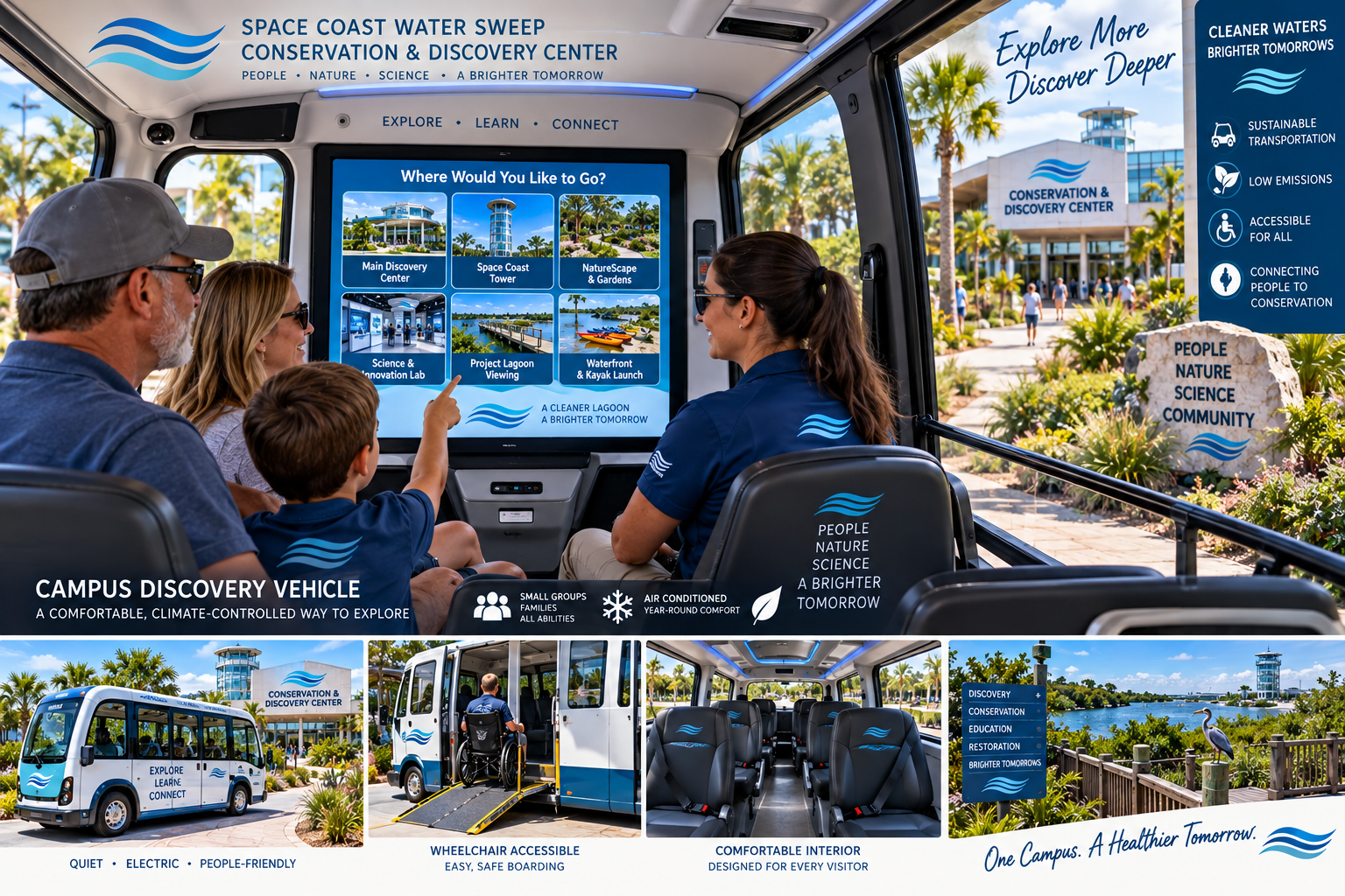 Conceptual Campus Discovery Vehicle interior with a destination-selection touchscreen showing Main Discovery Center, Space Coast Tower, NatureScape, Science & Innovation Lab, Project Lagoon Viewing, and Waterfront & Kayak Launch, with a family selecting their destination alongside a staff member.