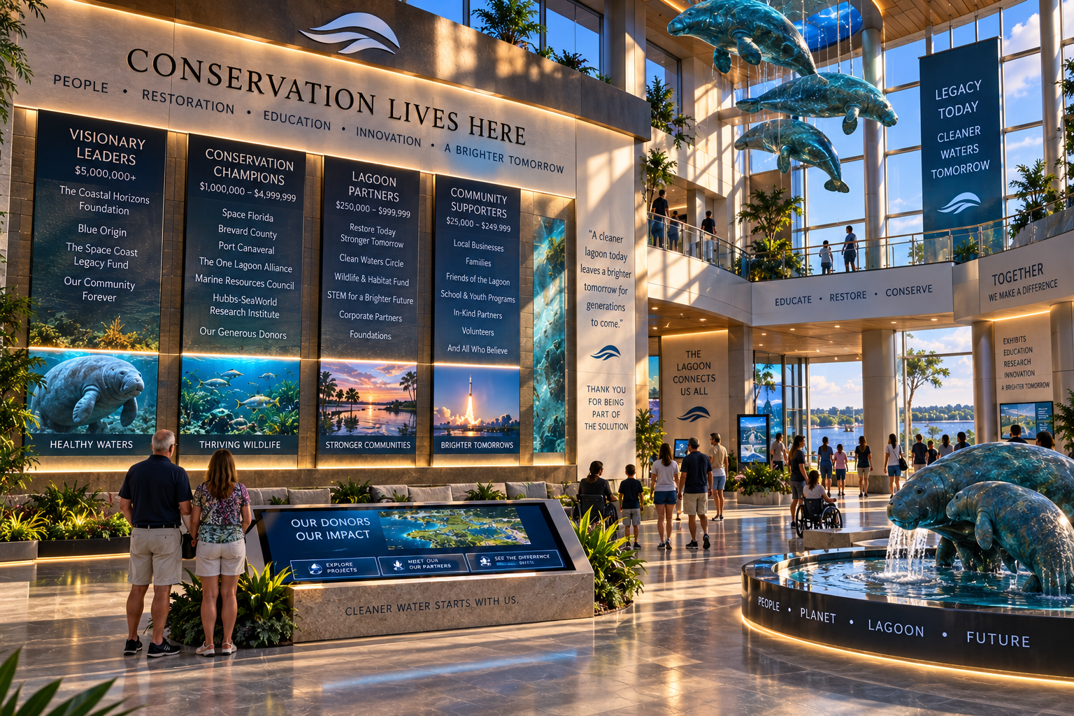 Conceptual donor recognition atrium within the Conservation & Discovery Center featuring a multi-panel 'Conservation Lives Here' donor wall with Visionary Leaders, Conservation Champions, Lagoon Partners and Community Supporters tiers, backlit imagery panels (Healthy Waters, Thriving Wildlife, Stronger Communities, Brighter Tomorrows), an 'Our Donors / Our Impact' interactive kiosk with Explore Projects, Meet Our Partners and See the Difference buttons, a circular manatee fountain, and suspended metallic-blue manatee sculptures in a glass atrium.