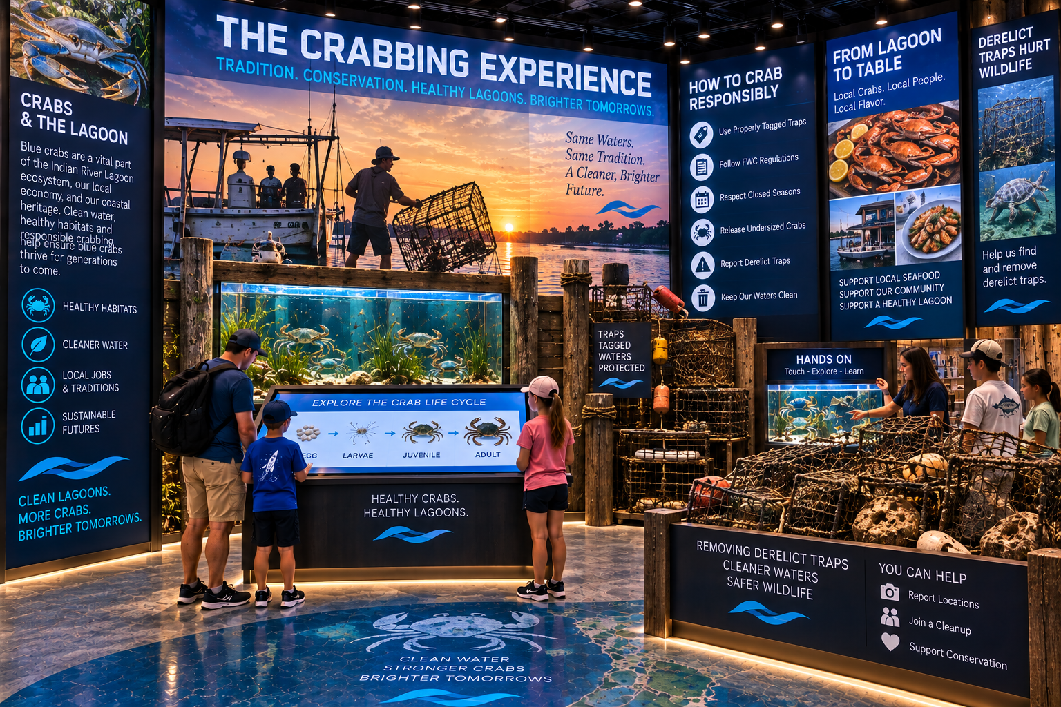 Educational crabbing exhibit showing commercial and recreational blue crab/stone crab fisheries, working crab traps, floats, fishing practices and the connection between water quality, habitat, fisheries and local seafood.