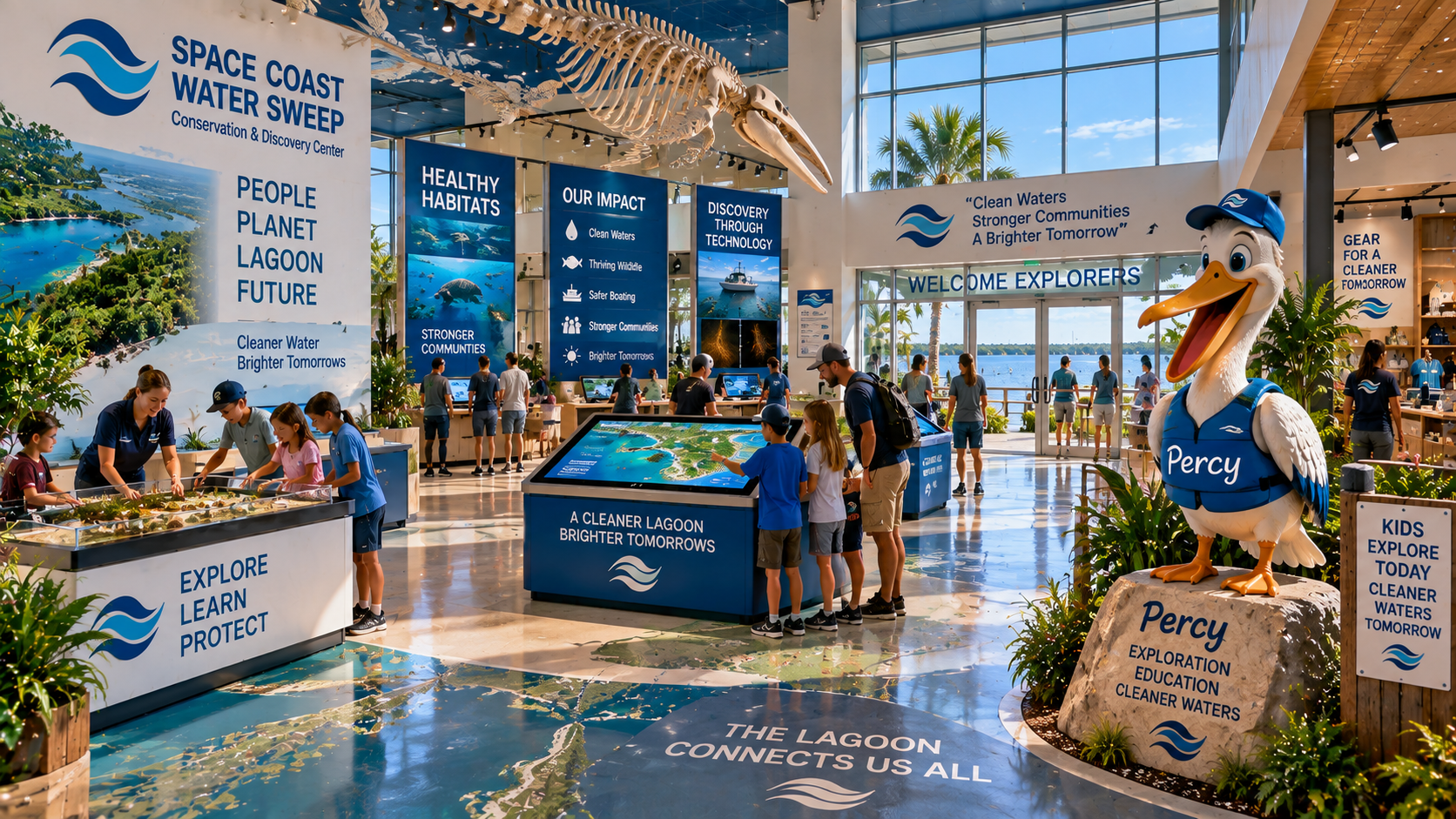 Cinematic conceptual rendering of the indoor Discovery Center experience at the Space Coast Water Sweep Conservation & Discovery Center, with families and children interacting with immersive Indian River Lagoon exhibits, a large sea turtle display, a central interactive map table, conservation technology kiosks and Percy the pelican character, overlooking the lagoon through a glass window wall.