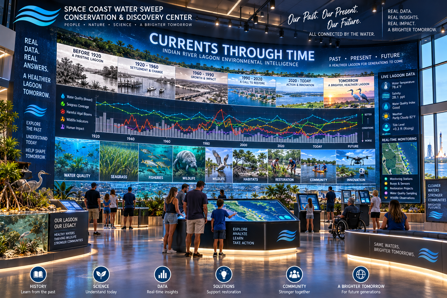 Dramatic interior rendering of the Living Lagoon Monitor gallery with an enormous wall-sized Currents Through Time environmental intelligence display. Visitors stand before a century-plus timeline showing lagoon history, environmental trends, current conditions and incoming data.