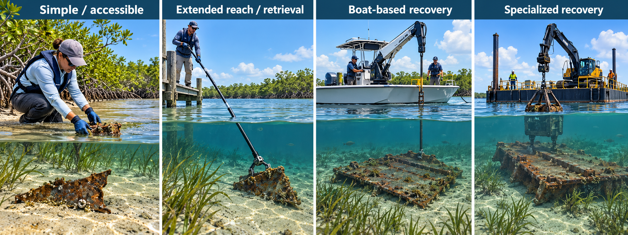 Four-panel infographic showing the same conceptual submerged target with four broad recovery approaches side by side, each appropriate to different situations: (1) Simple / accessible — a person in gloves and life vest kneeling at the water's edge manually retrieving small debris from shallow water; (2) Extended reach / retrieval — a person on a dock using a long extendable pole with a mechanical claw to reach a submerged object; (3) Boat-based recovery — a center-console work boat with a hydraulic davit crane lowering a chain to secure a flat metallic object on the bottom; (4) Specialized recovery — a flat-deck barge with a heavy-duty hydraulic excavator and two workers in hard hats lifting a large corroded structure. No rigging techniques, no unsafe manual lifting, no volunteers attempting difficult submerged recovery.