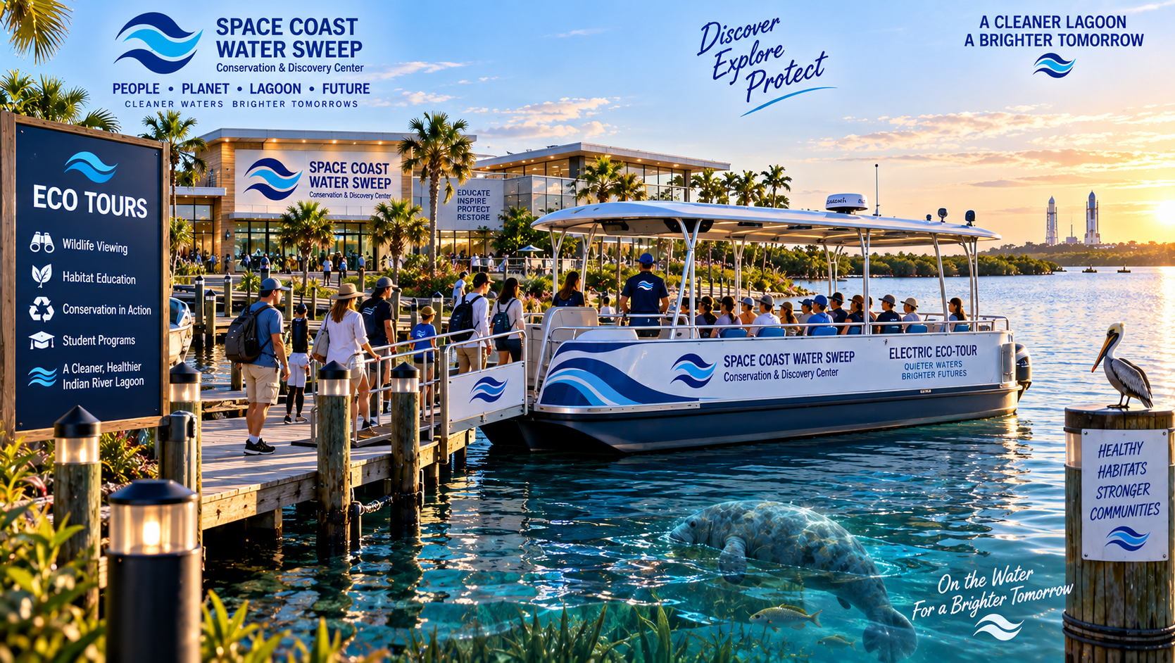 Conceptual sunset waterfront rendering of the Eco-Tours experience, with visitors boarding an electric pontoon eco-tour boat from a wooden pier, a manatee visible beneath the clear turquoise water, the two-story glass Conservation & Discovery Center behind the dock, and rocket silhouettes on the distant Space Coast horizon.