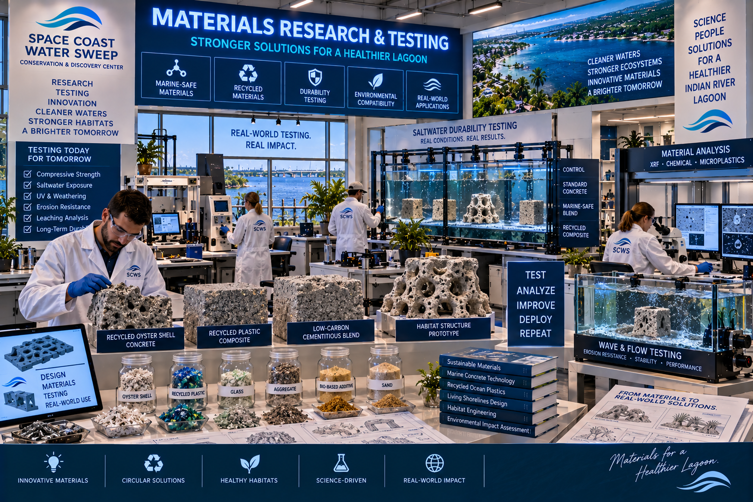 Materials Research & Testing exhibition hall poster titled 'Stronger Solutions for a Healthier Lagoon' showing a five-icon grid, a main lab with river-facing windows, hanging banners, a saltwater durability tank, foreground sample tables, and a Wave & Flow Testing tank.