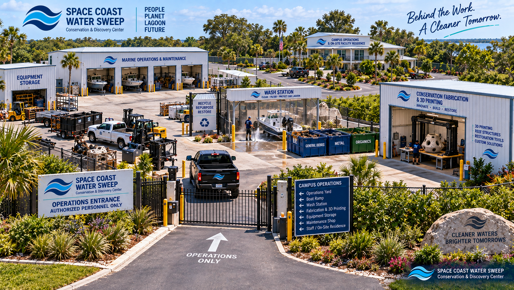 Conceptual backend campus planning view showing the secured staff/operations entrance and a discreet, heavily landscaped Campus Operations & On-Site Facility Residence area positioned away from public visitor spaces while maintaining secure internal access to the working campus.