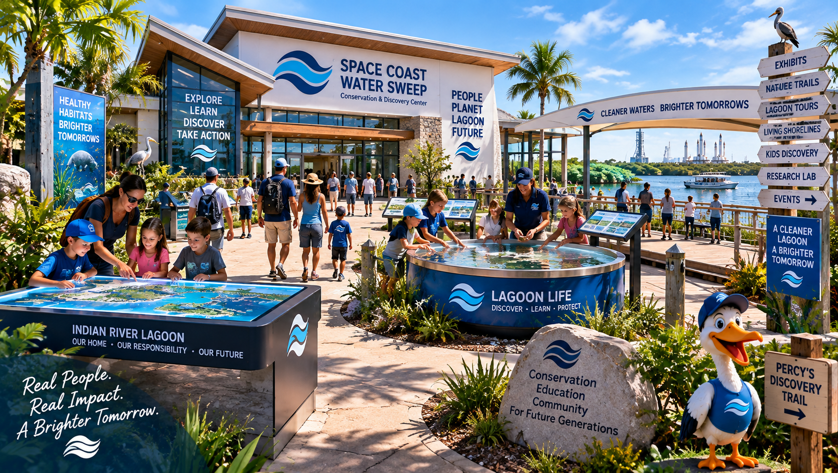 Space Coast Water Sweep Conservation & Discovery Center exterior on a sunny day, showing the modern building with glass windows and wave logo, interactive educational stations including an Indian River Lagoon model table and Lagoon Life tank, wooden wayfinding signage for exhibits and nature trails, Percy the Pelican mascot, and a lagoon view with a NASA launchpad in the distance.