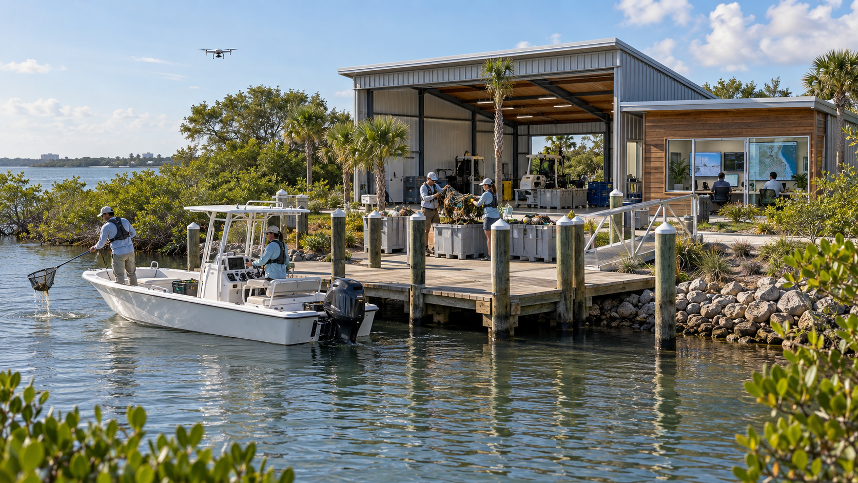 Waterfront operations facility with docked survey boat, debris recovery crates, drone in flight, and glass-walled control room with GIS monitors