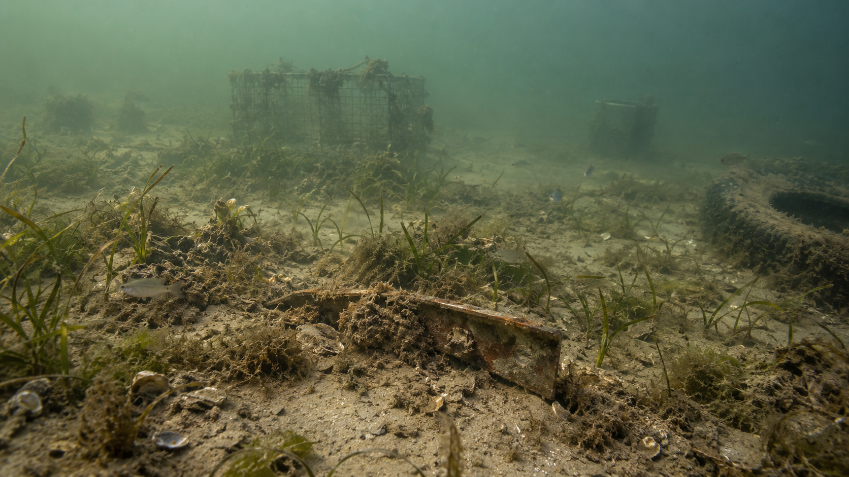 Underwater wide-angle view of the Indian River Lagoon bottom, fully beneath the surface, showing how submerged objects become difficult to detect. Murky estuarine water with greenish-grey haze and reduced visibility. A rusted L-shaped metal beam lies partially buried in the sandy silt bottom, coated in fine sediment and organic growth. A rectangular wire-mesh crab trap is partially buried and encrusted with algae, blending into the surroundings. A rubber tire is embedded in the sediment showing only its upper curved profile. Sparse seagrass blades grow from the sediment providing natural concealment. Small silvery fish swim near the bottom. Realistic lagoon conditions — not crystal-clear water, not a pile of trash, but individual objects camouflaged by sediment, growth, and poor visibility.
