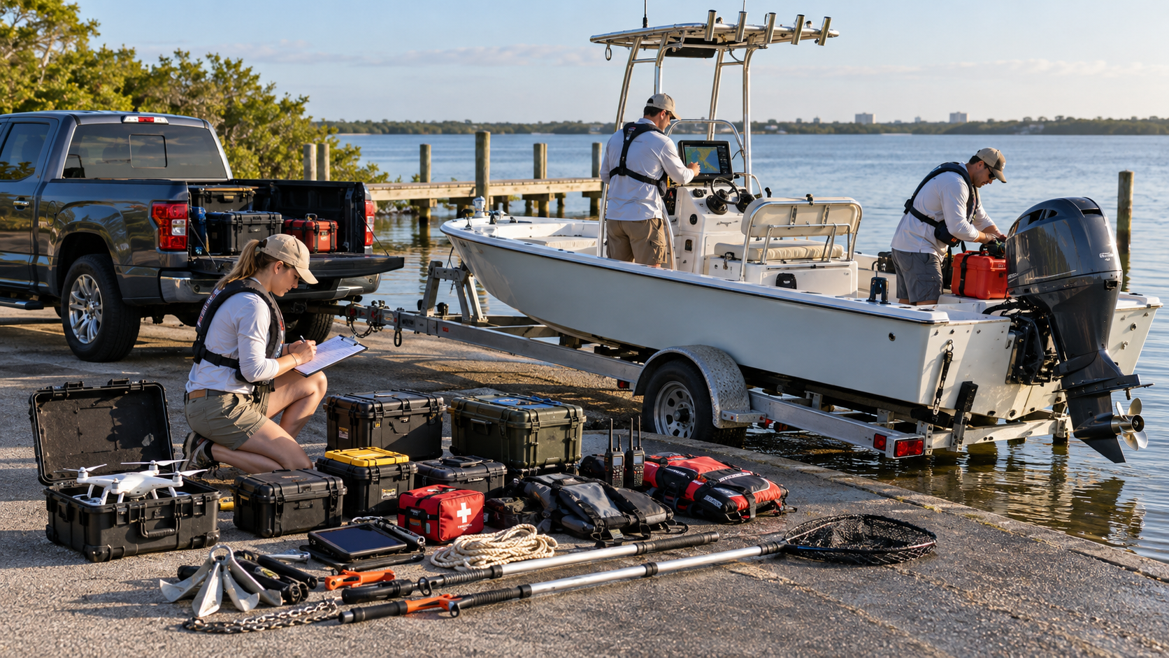 Three-person survey team preparing gear at a boat ramp — drone in hard case, survey rods, medical bag, radios, and ruggedized equipment cases laid out on the concrete while crew members board the aluminum work boat
