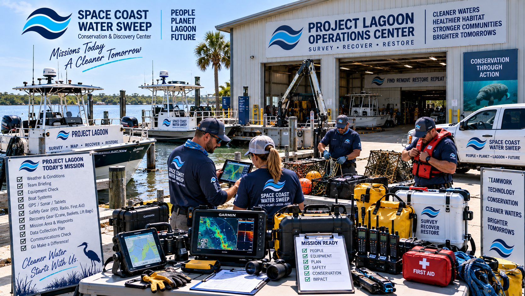 Conceptual image of a Project Lagoon team preparing for a conservation mission with boats, field tablets, safety equipment, sonar electronics and marine recovery gear at the working campus.