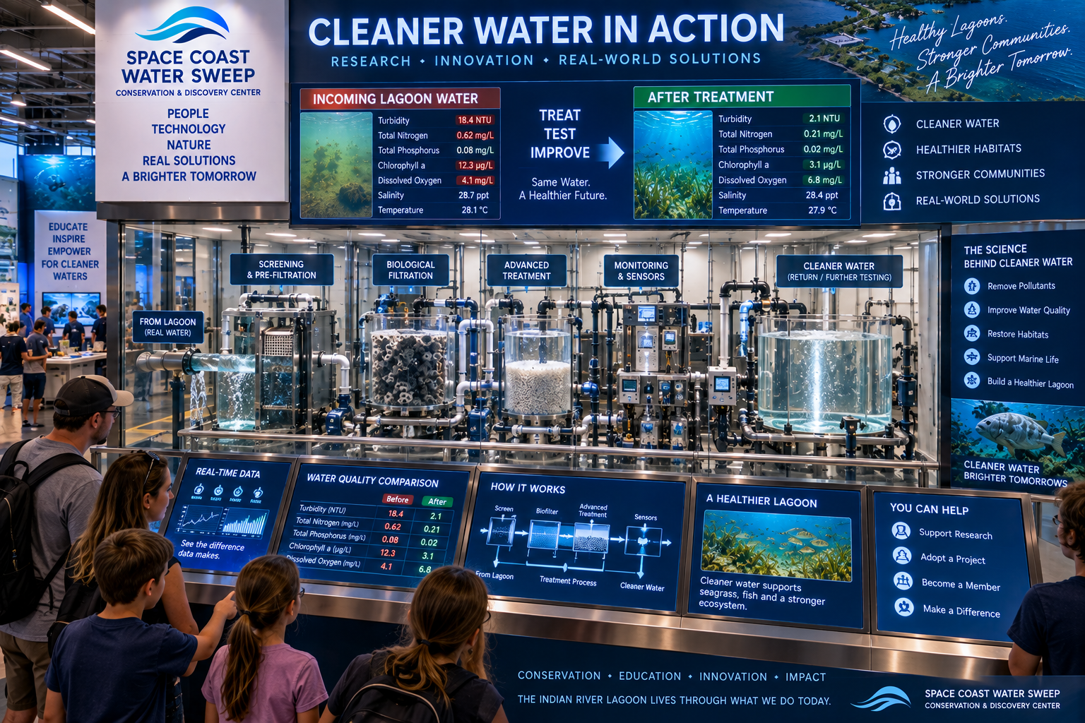 Cleaner Water in Action exhibit titled 'Cleaner Water in Action — Research ♦ Innovation ♦ Real-World Solutions' showing an Incoming Lagoon Water data panel (Turbidity 18.4 NTU, Total Nitrogen 0.62 mg/L, Total Phosphorus 0.08 mg/L, Chlorophyll a 12.3 μg/L, Dissolved Oxygen 4.1 mg/L, Salinity 28.7 ppt, Temperature 28.1 °C) beside an After Treatment panel (Turbidity 2.1 NTU, Total Nitrogen 0.21 mg/L, Total Phosphorus 0.02 mg/L, Chlorophyll a 3.1 μg/L, Dissolved Oxygen 6.8 mg/L, Salinity 28.4 ppt, Temperature 27.9 °C) with a 'Treat Test Improve — Same Water. A Healthier Future.' arrow between them, a five-stage transparent tank system (Screening & Pre-Filtration, Biological Filtration, Advanced Treatment, Monitoring & Sensors, Cleaner Water — Return / Further Testing), bottom consoles for Real-Time Data, Water Quality Comparison, How It Works, A Healthier Lagoon and You Can Help, and a sidebar 'The Science Behind Cleaner Water' listing Remove Pollutants, Improve Water Quality, Restore Habitats, Support Marine Life, Build a Healthier Lagoon.