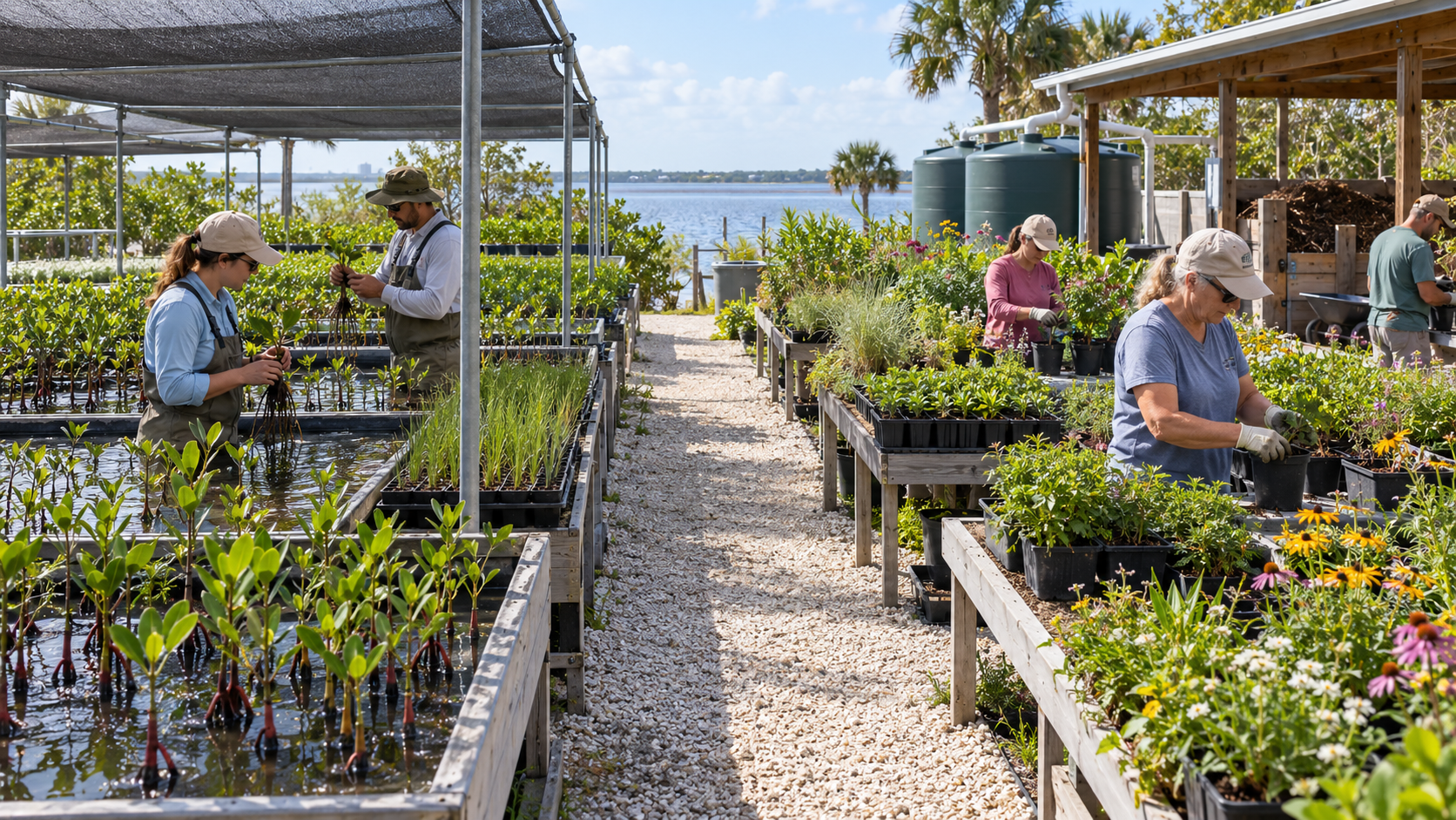 Coastal plant nursery on the waterfront — volunteers in waders tending young mangrove saplings in water-filled troughs and transplanting into pots under a shade structure, with water storage tanks and the lagoon visible beyond